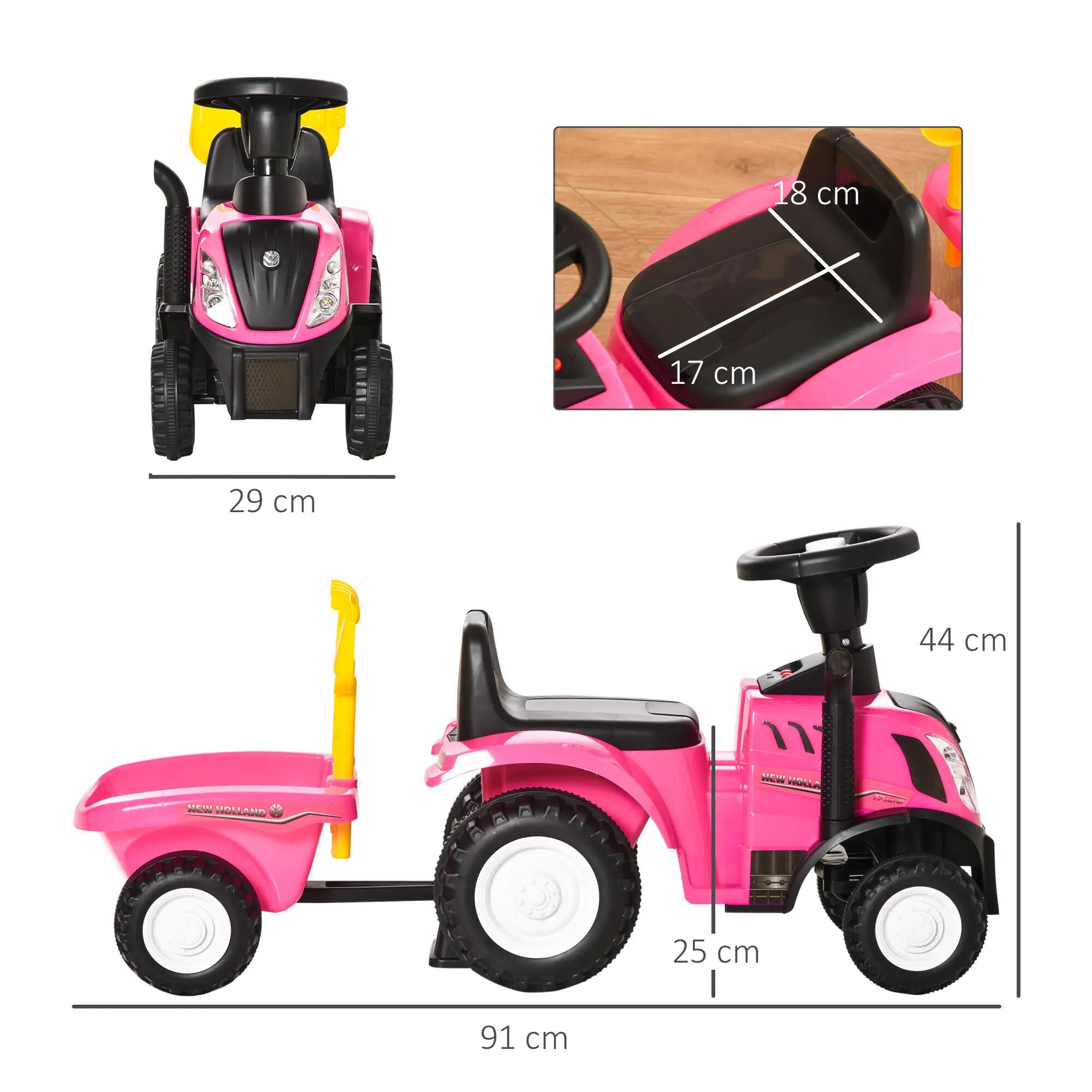 HOMCOM Tractor con Remolque para Niños 12-36 Meses con Faros Pala y Rastrillo 3/7