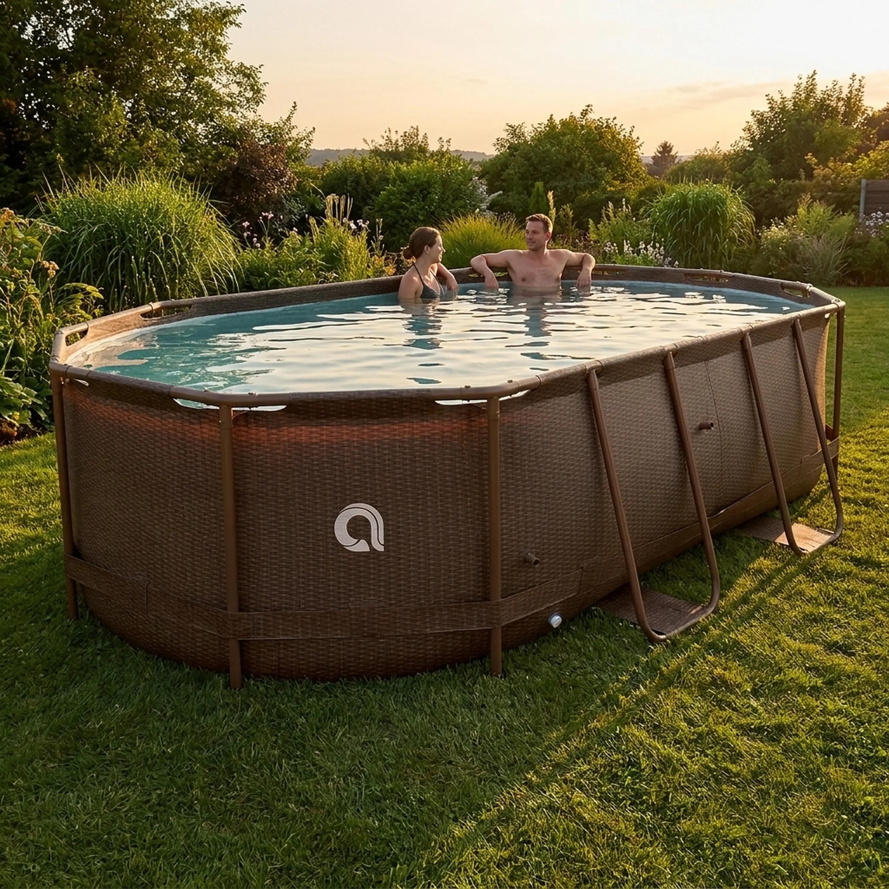Frame Pool Komplettset 427x275x100 cm Rattanoptik mit Pumpe & Sicherheitsleiter 6/15