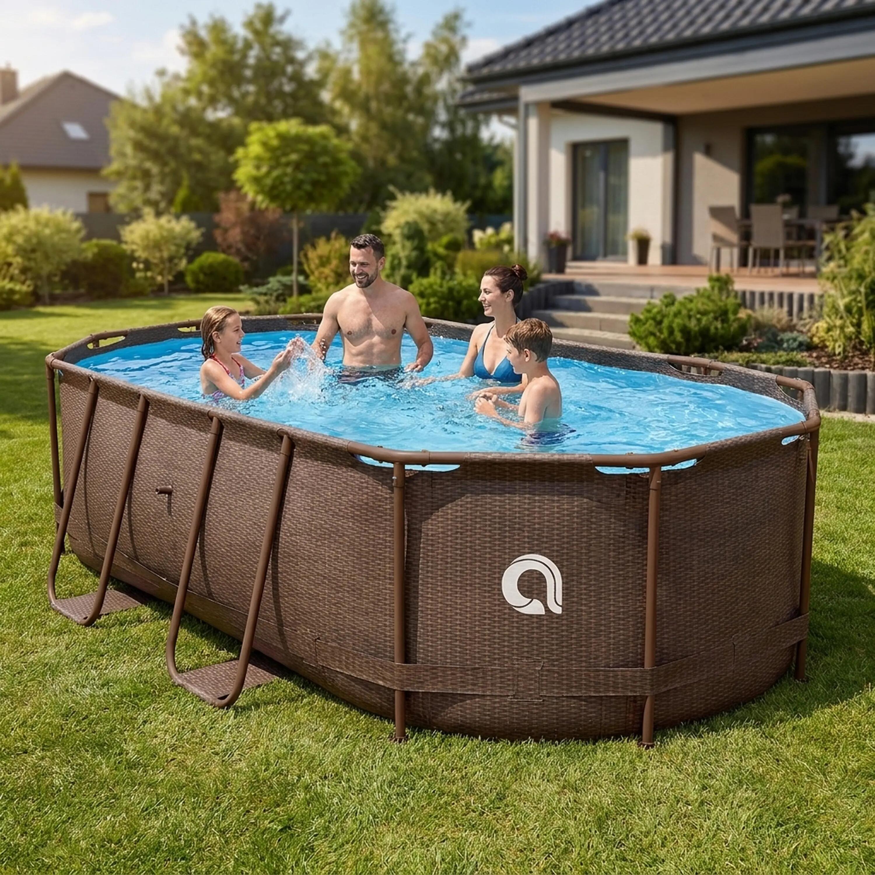 Frame Pool Komplettset 427x275x100 cm Rattanoptik mit Pumpe & Sicherheitsleiter 5/15