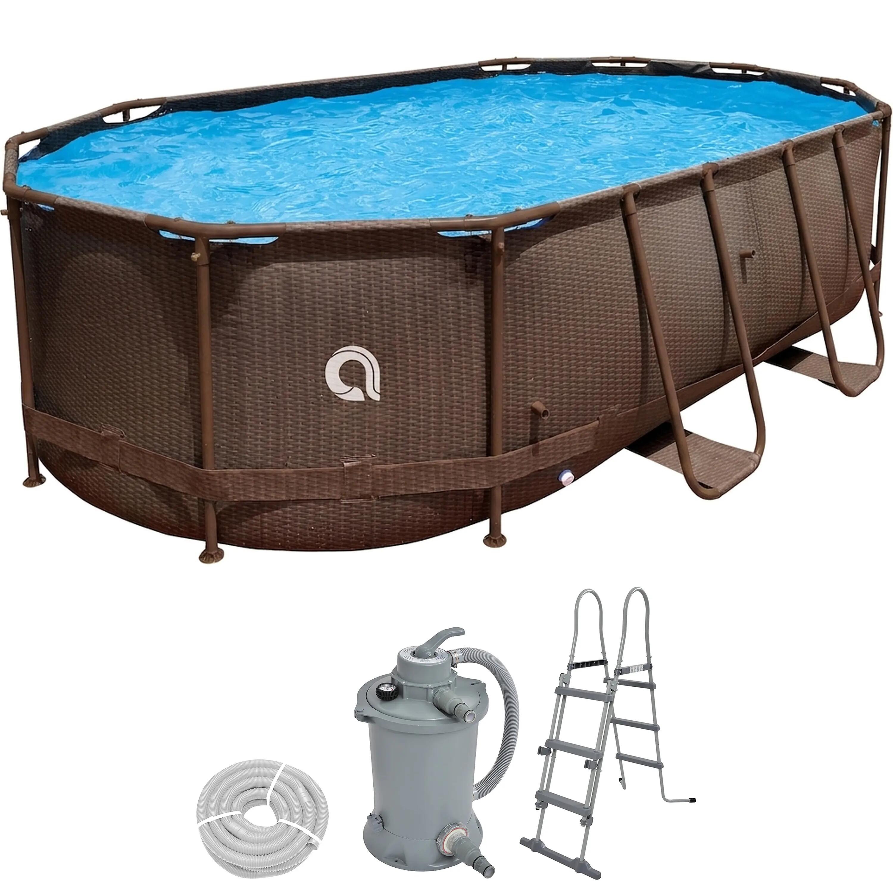 Frame Pool Komplettset 427x275x100 cm Rattanoptik mit Pumpe & Sicherheitsleiter 3/15