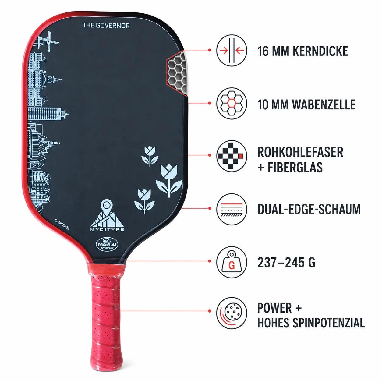 Pickleball-paddle Governor Amsterdam Edition, USAP-gecertificeerd 4/5