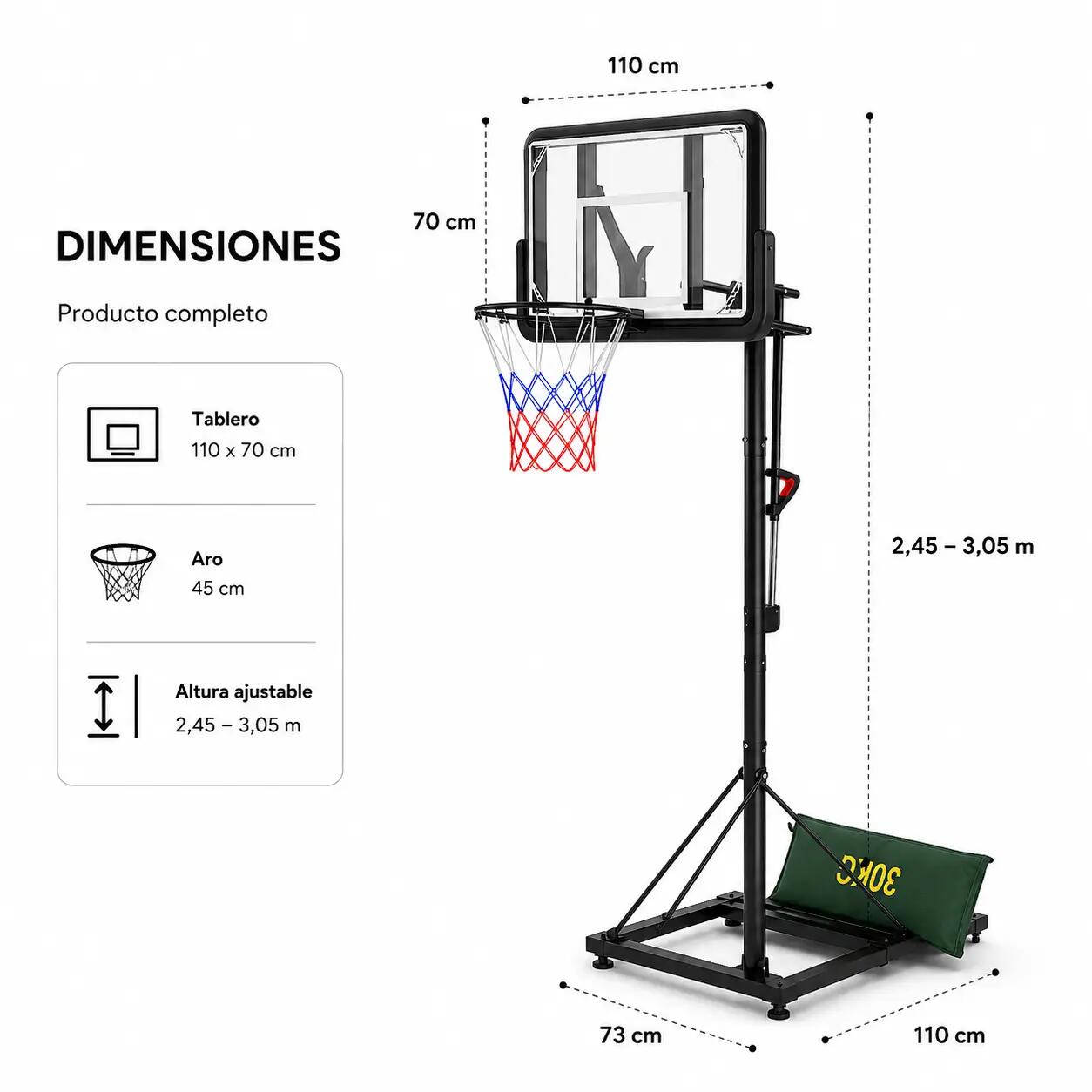 Panier de basket avec hauteur réglable 2,45-3,05 m 6/7