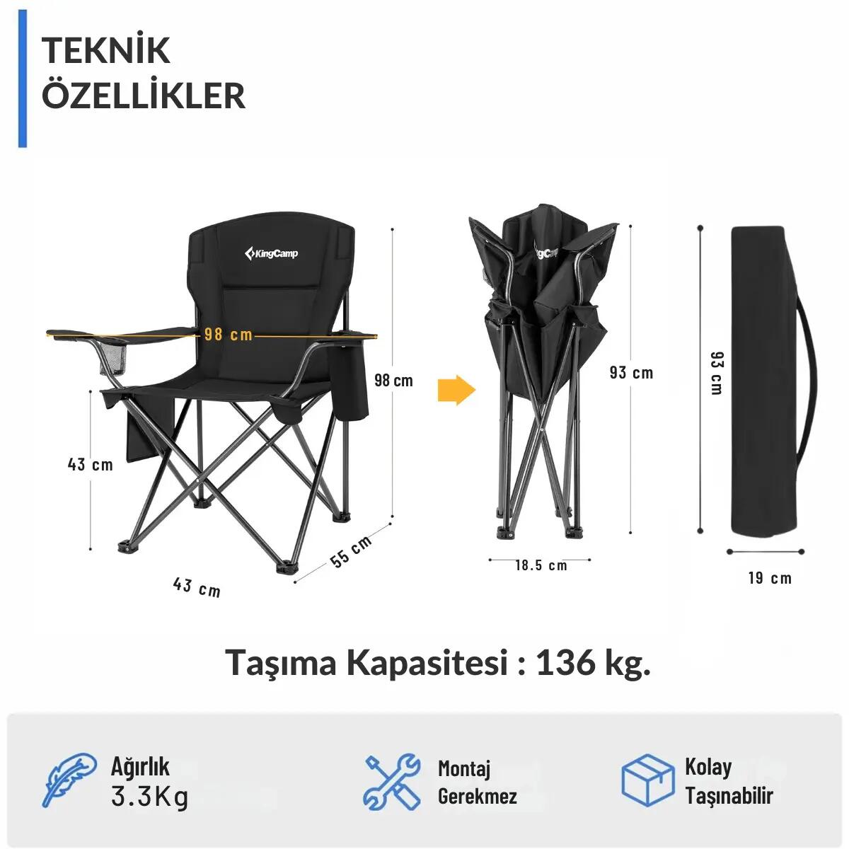 KingCamp Lotus XL Cool Ice Ultra Konforlu & Takviyeli Kamp Sandalyesi Black 4/7