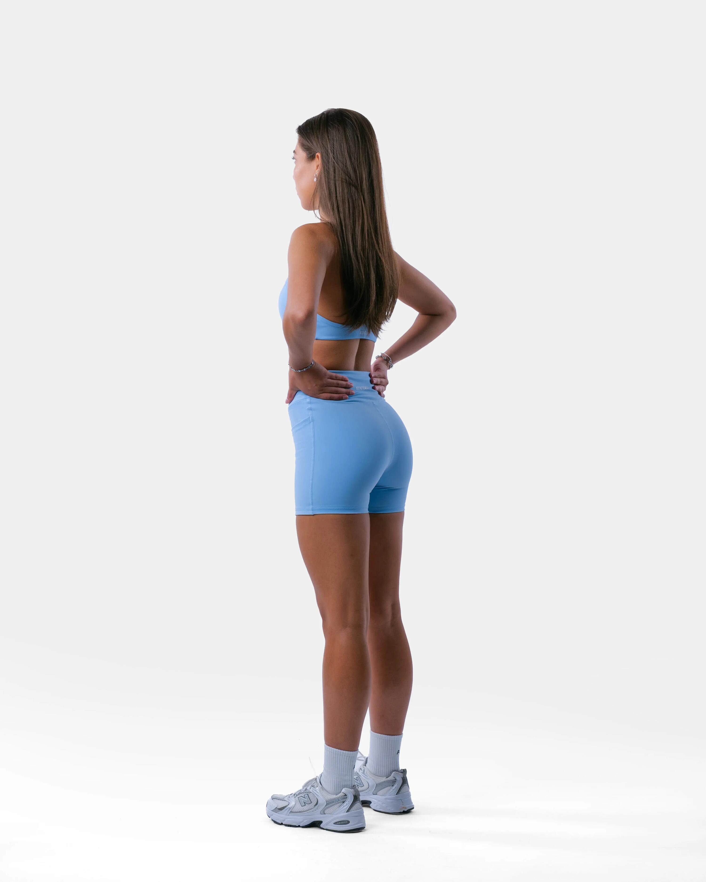 Pantaloncini donna a vita alta con tasca fitness – Encore – Azzurro 4/5