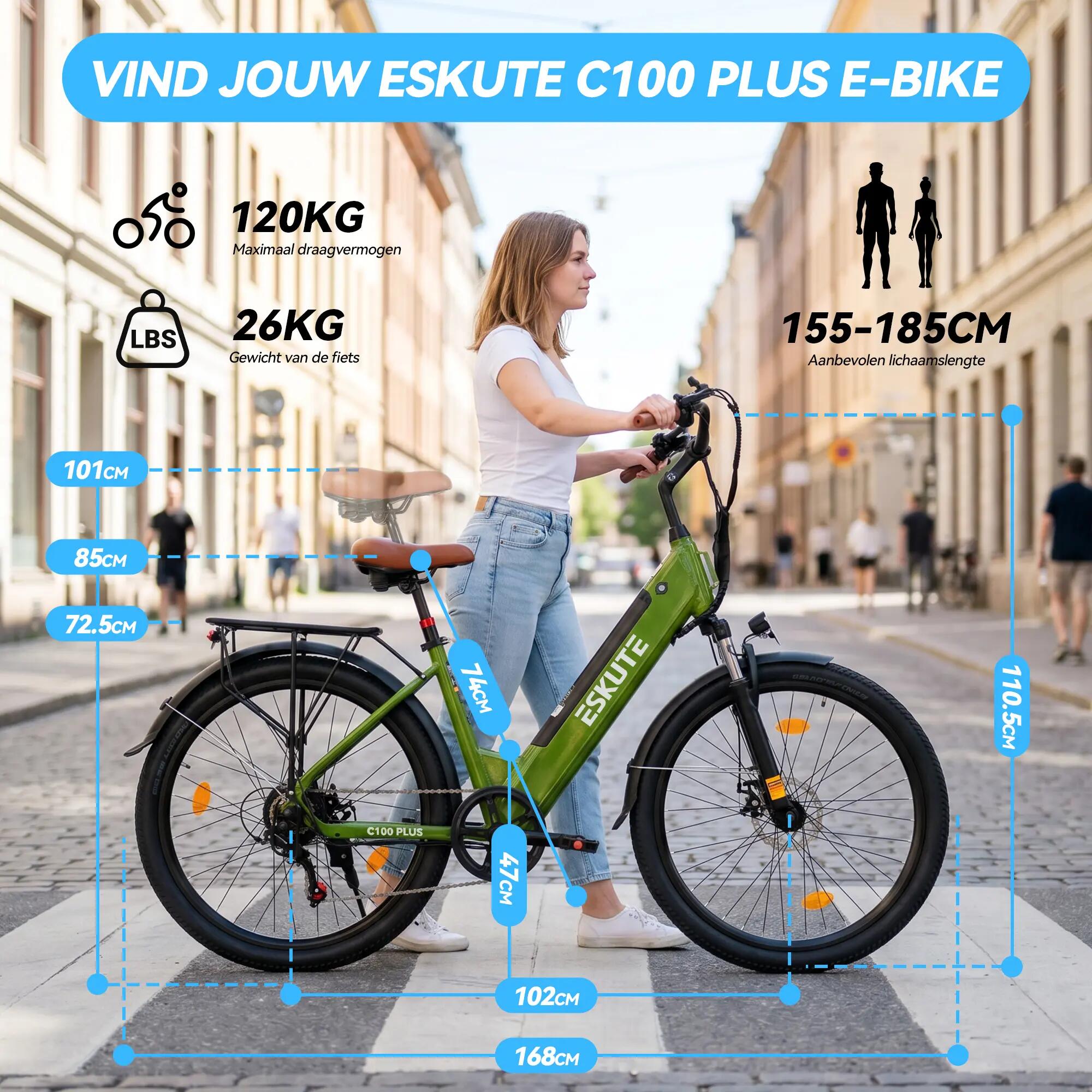 Bicicleta elétrica urbana ESKUTE C100 Plus, bateria 36V 13Ah, pneus 26" 7/7