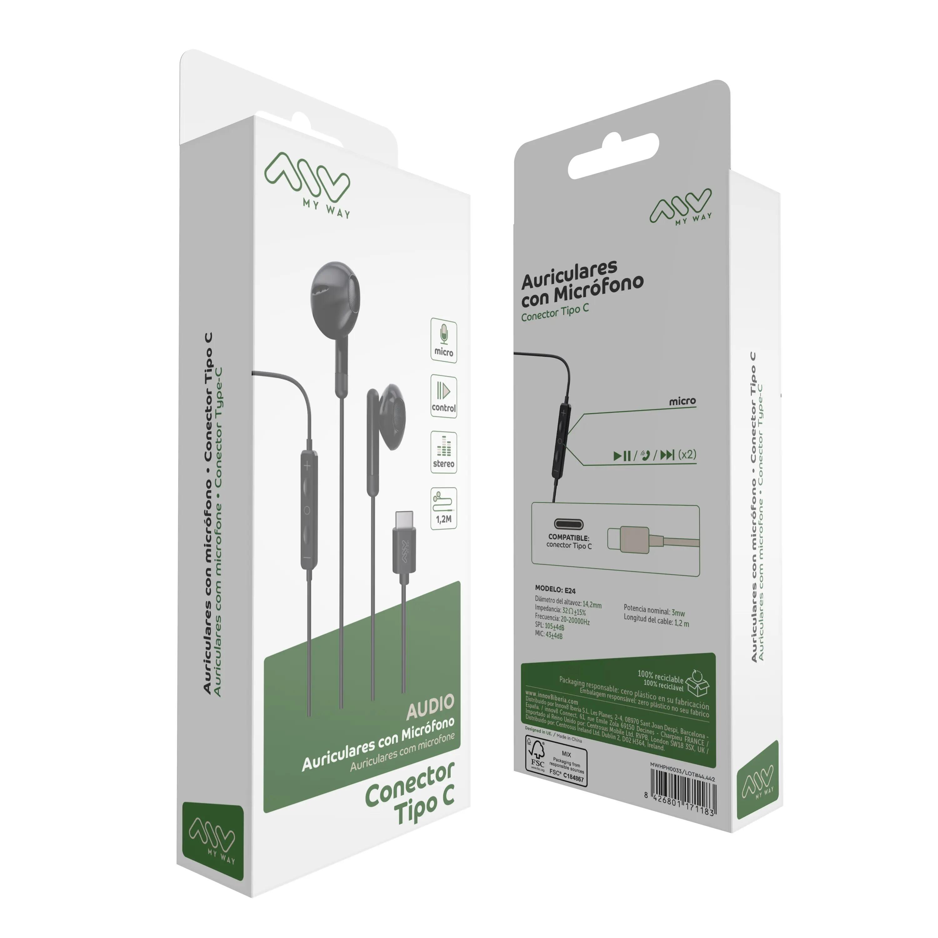 myway auriculares estéreo tipo C con micrófono negro 6/6