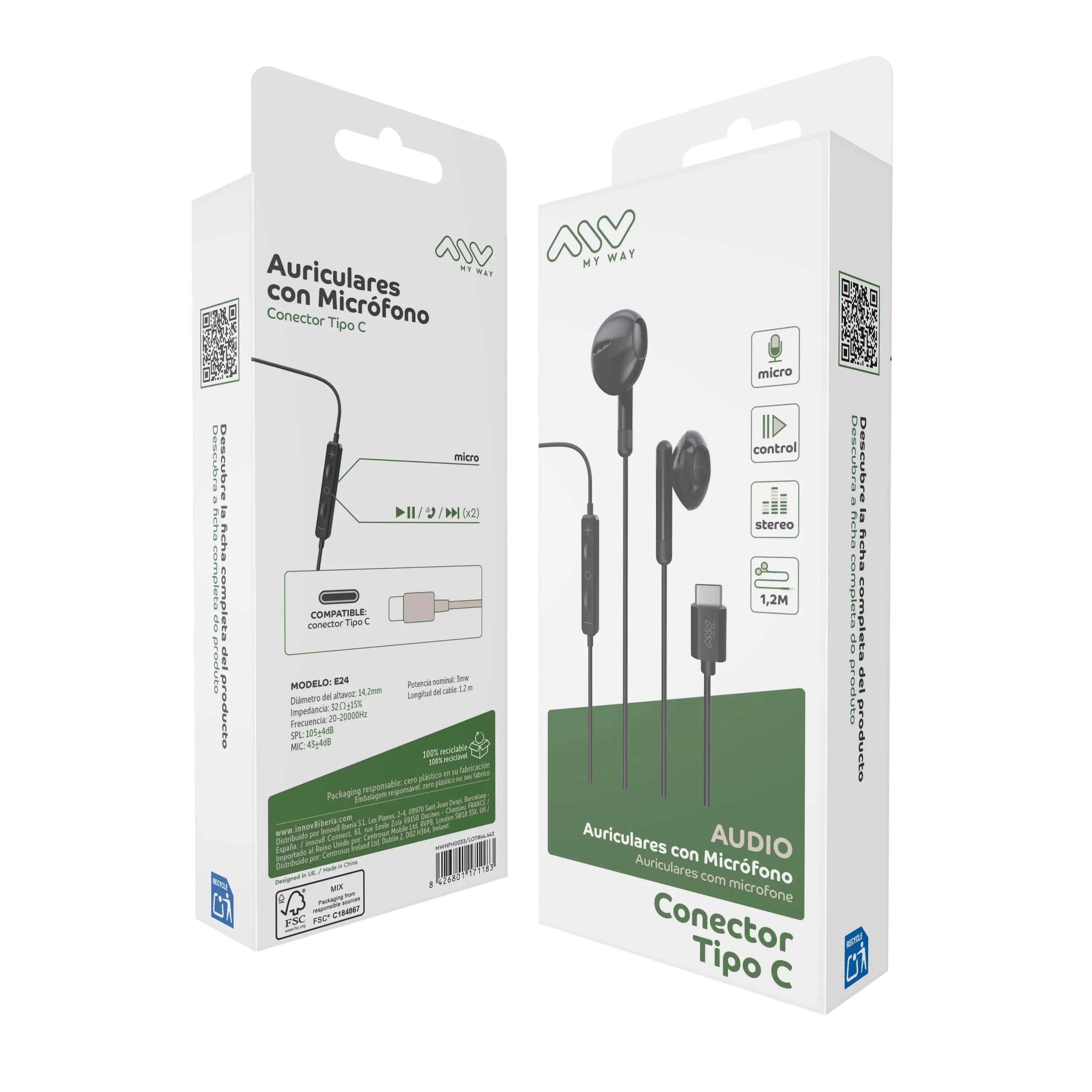 myway auriculares estéreo tipo C con micrófono negro 5/6