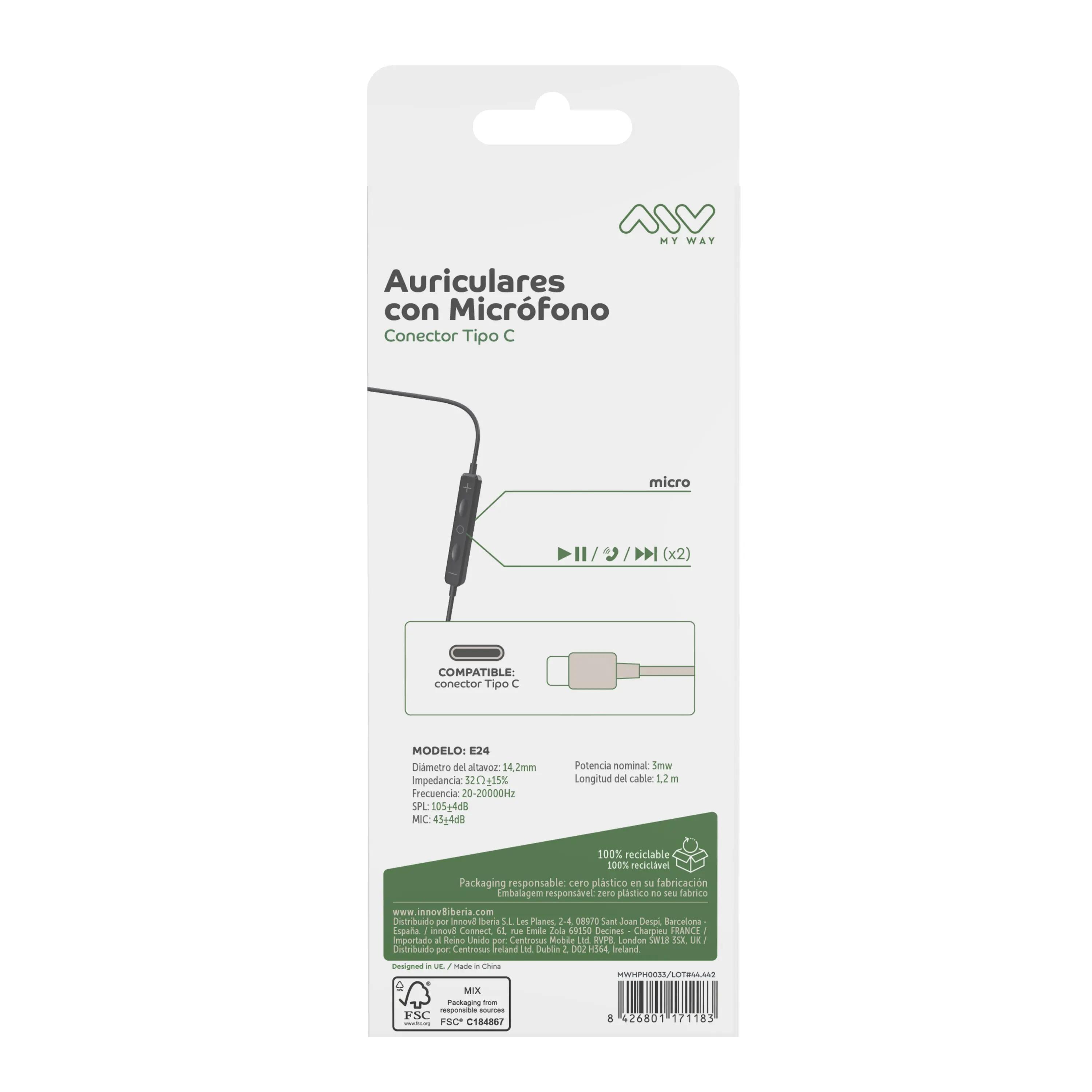 myway auriculares estéreo tipo C con micrófono negro 4/6