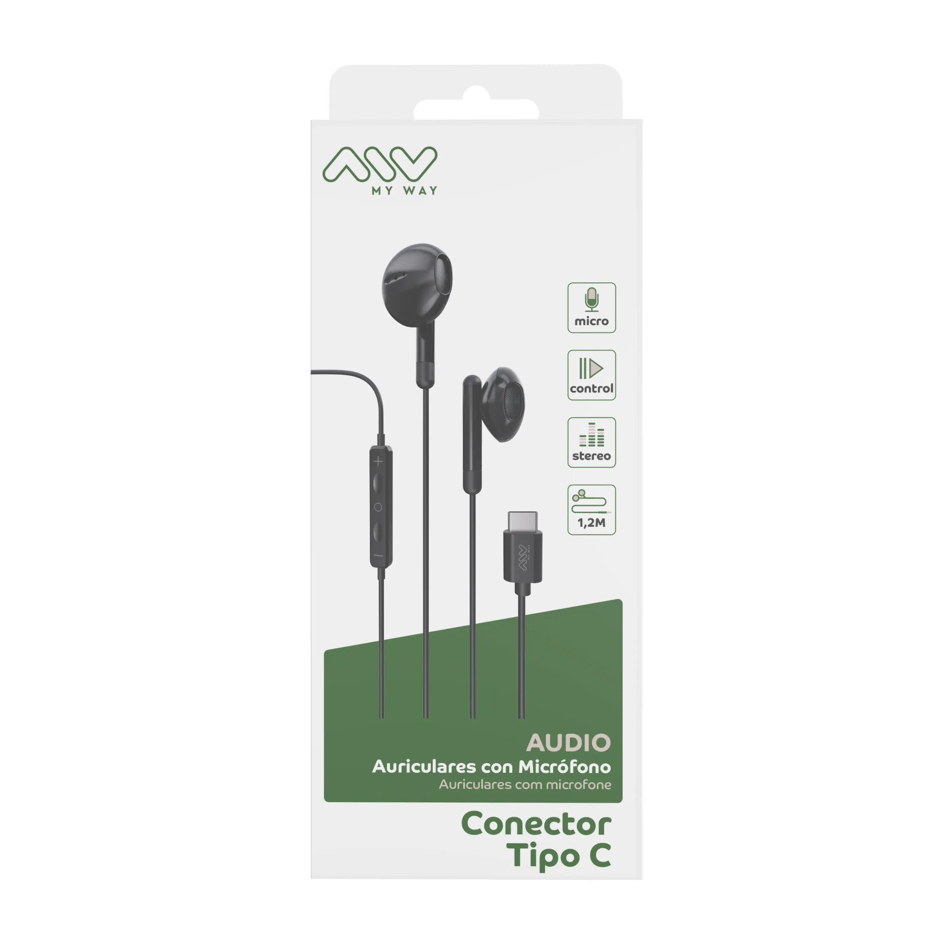 myway auriculares estéreo tipo C con micrófono negro 3/6