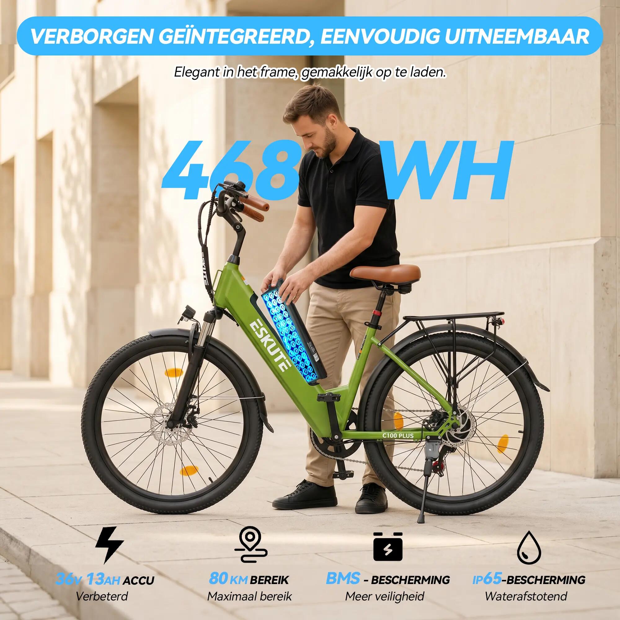 Bicicleta elétrica urbana ESKUTE C100 Plus, bateria 36V 13Ah, pneus 26" 3/7