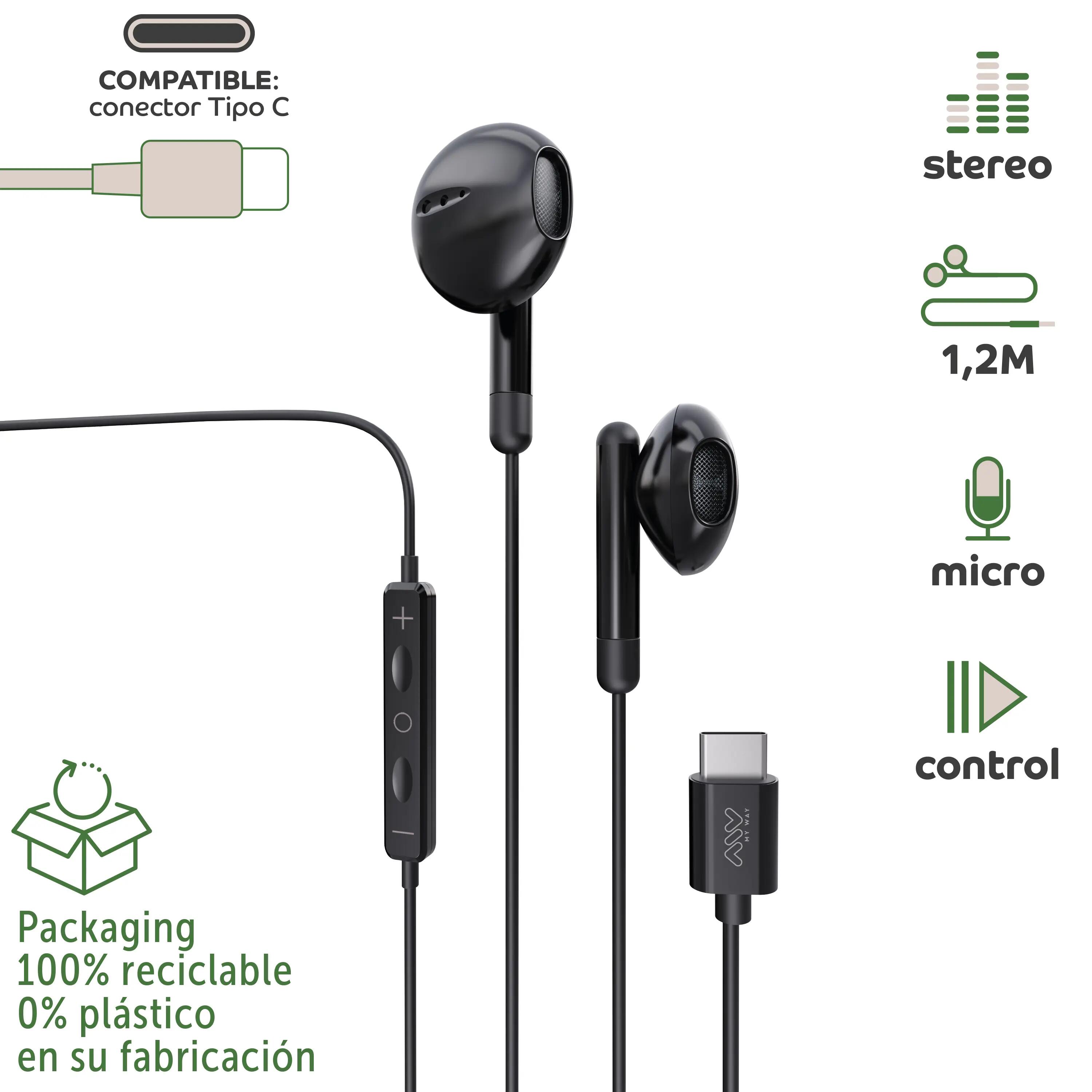 myway auriculares estéreo tipo C con micrófono negro 2/6