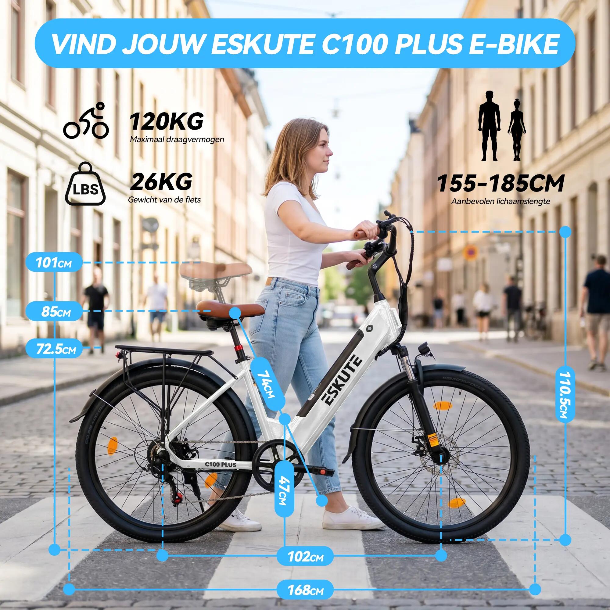 Bicicleta elétrica urbana ESKUTE C100 Plus, bateria 36V 13Ah, pneus 26" 7/7