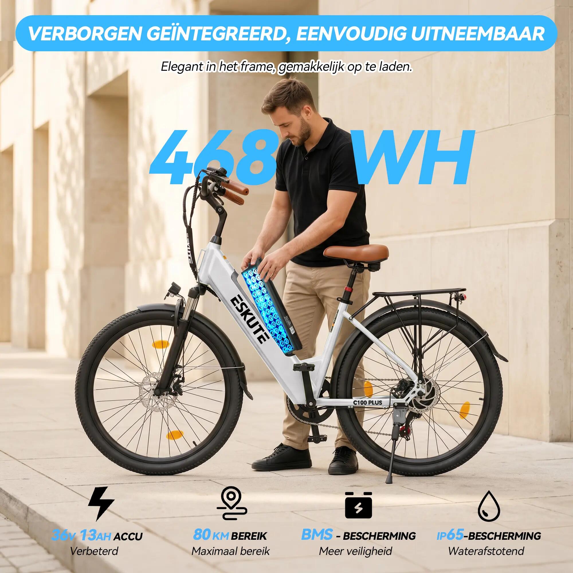 Bicicleta elétrica urbana ESKUTE C100 Plus, bateria 36V 13Ah, pneus 26" 3/7