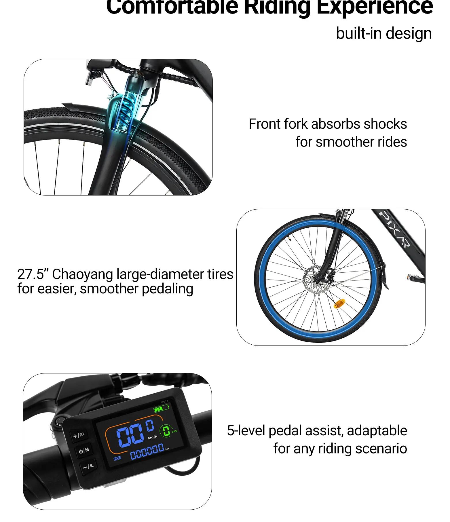 Bicicleta elétrica urbana PIXAR City1 com pneus de 27,5" e bateria de 36V 10,4Ah 5/6