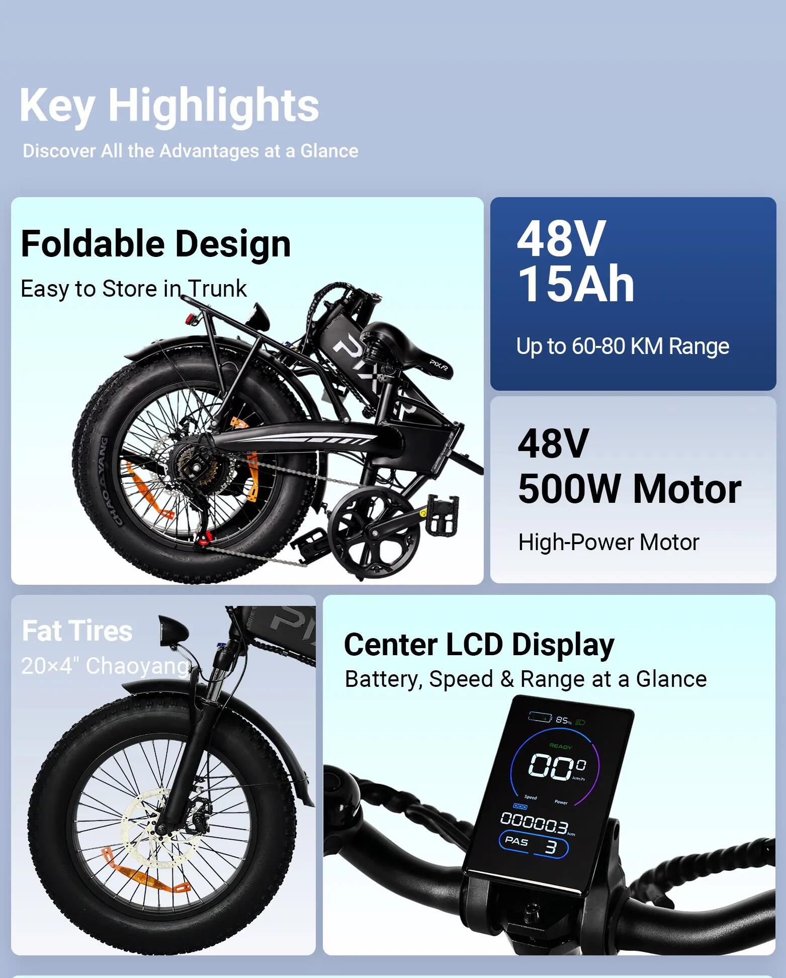 Bicicletta elettrica pieghevole PIXAR Star1 da 20 pollici, 250 W, 48 V, 15 Ah 3/6