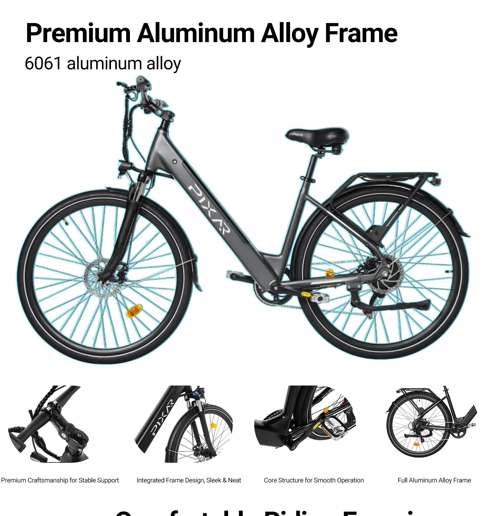 Bicicleta elétrica urbana PIXAR City1 com pneus de 27,5" e bateria de 36V 10,4Ah 4/6