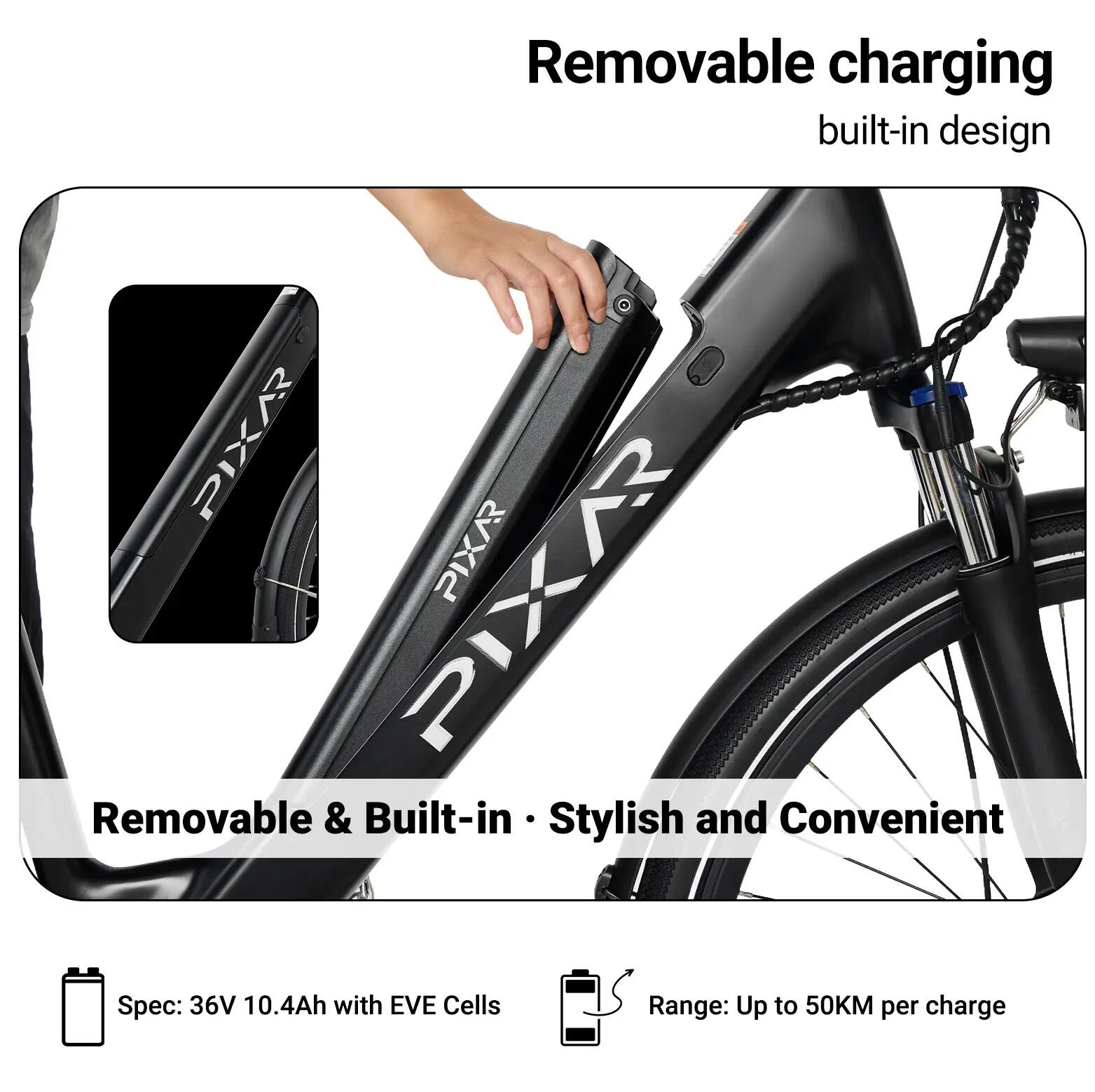 Bicicleta elétrica urbana PIXAR City1 com pneus de 27,5" e bateria de 36V 10,4Ah 3/6