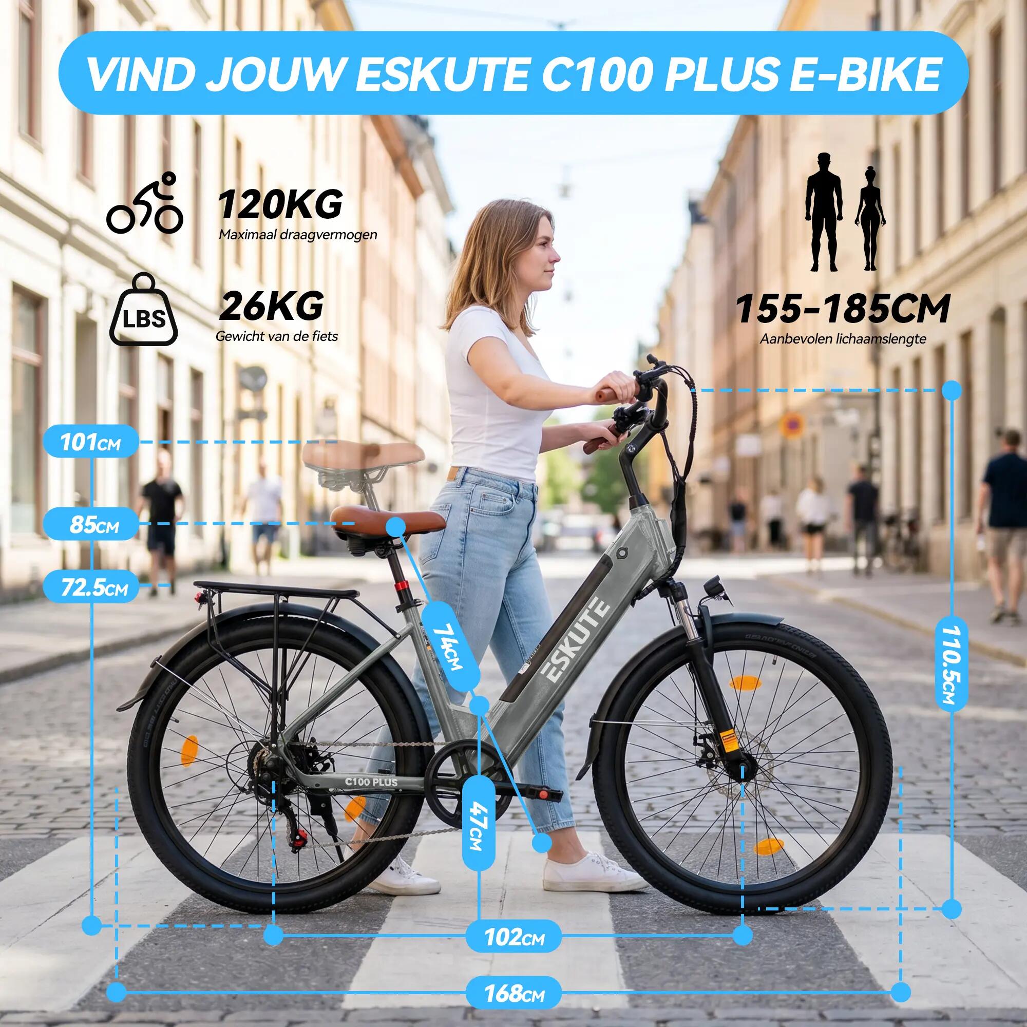 Bicicleta elétrica urbana ESKUTE C100 Plus, bateria 36V 13Ah, pneus 26" 7/7