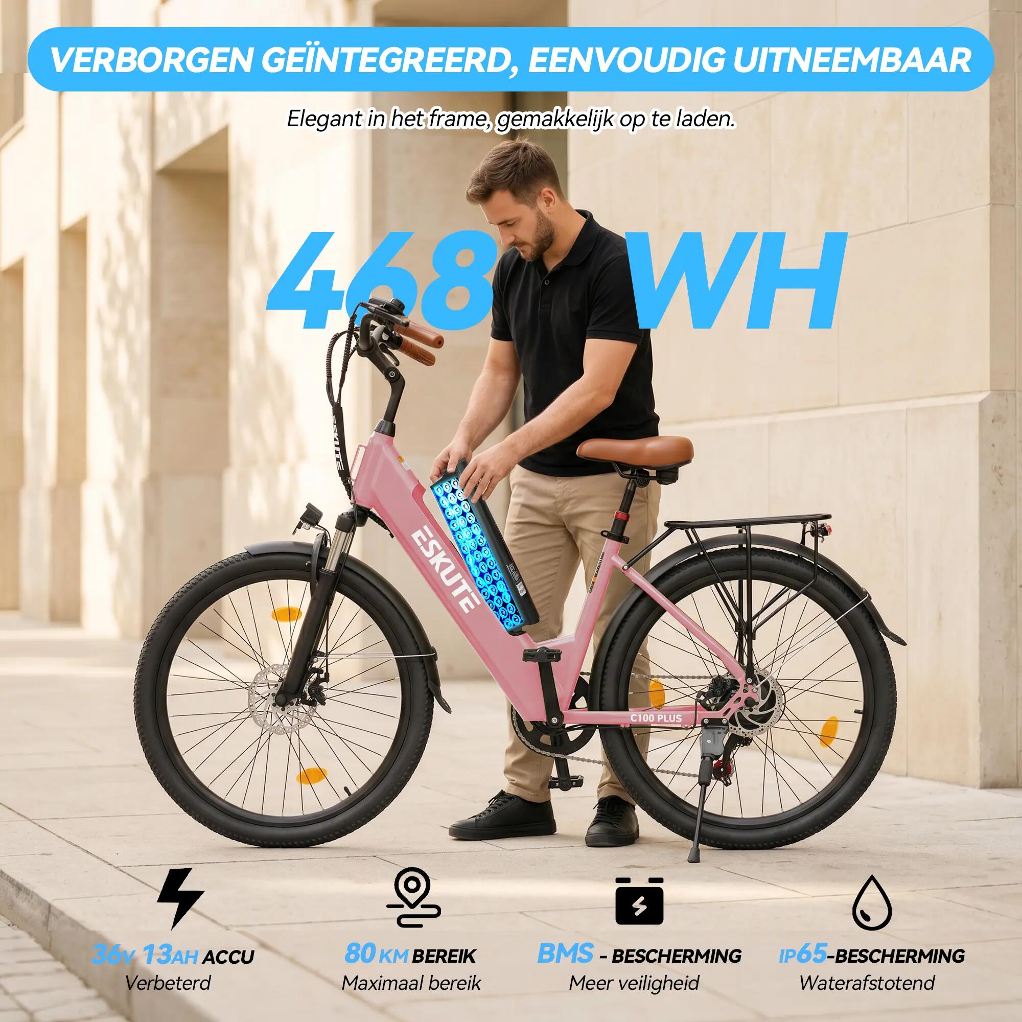 Bicicleta elétrica urbana ESKUTE C100 Plus, bateria 36V 13Ah, pneus 26" 3/7