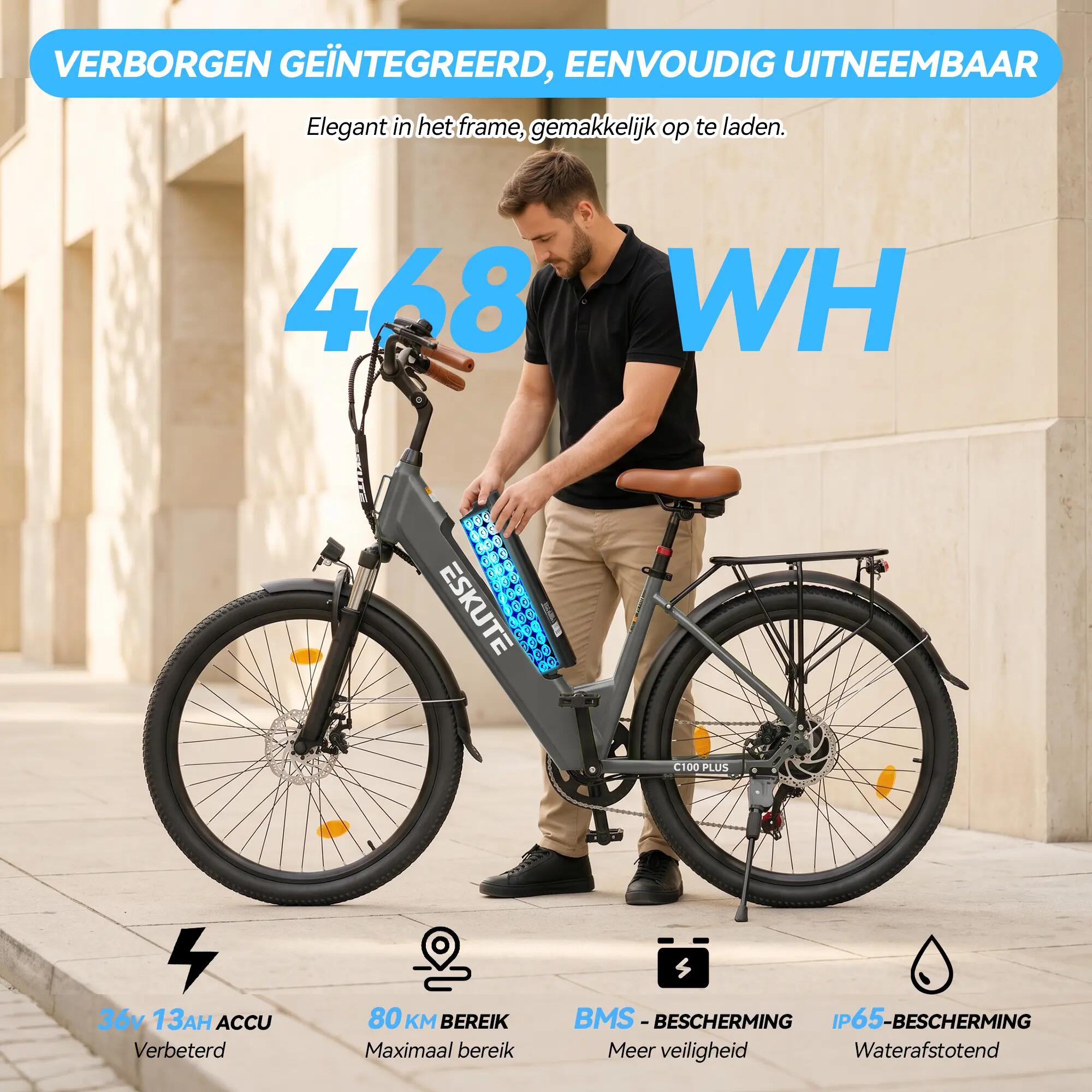 Bicicleta elétrica urbana ESKUTE C100 Plus, bateria 36V 13Ah, pneus 26" 3/7