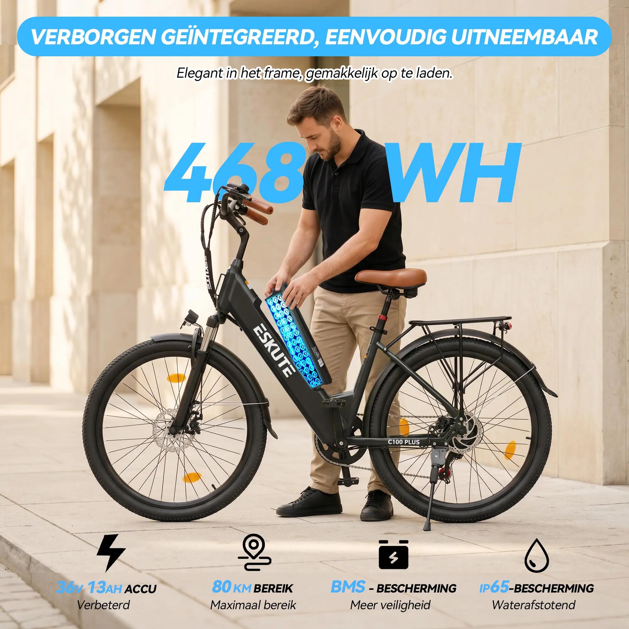 Bicicleta elétrica urbana ESKUTE C100 Plus, bateria 36V 13Ah, pneus 26" 2/7