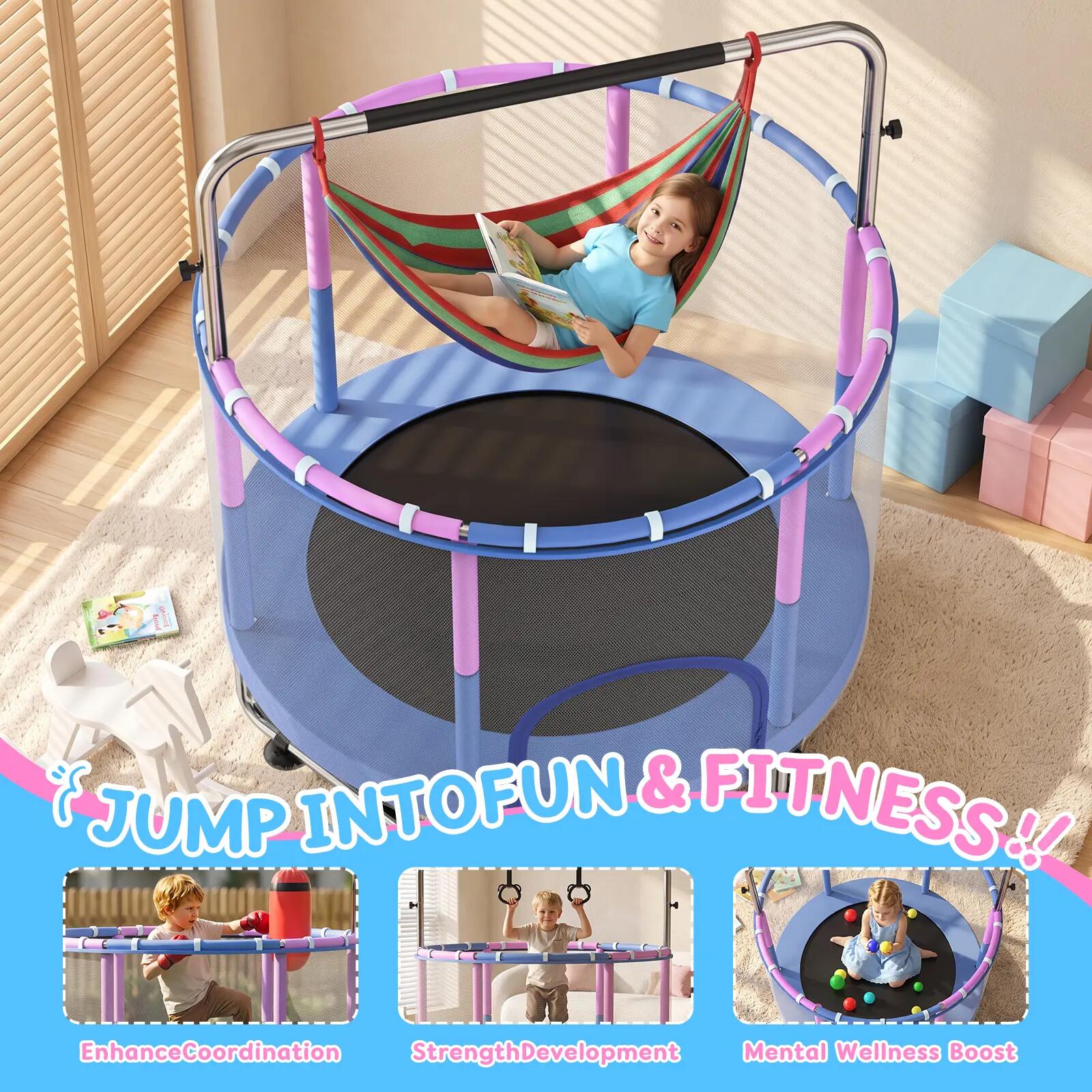 Trampoline Enfant Barre Gymnastique Balançoire Filet Sécurité 1,4 m 6/8