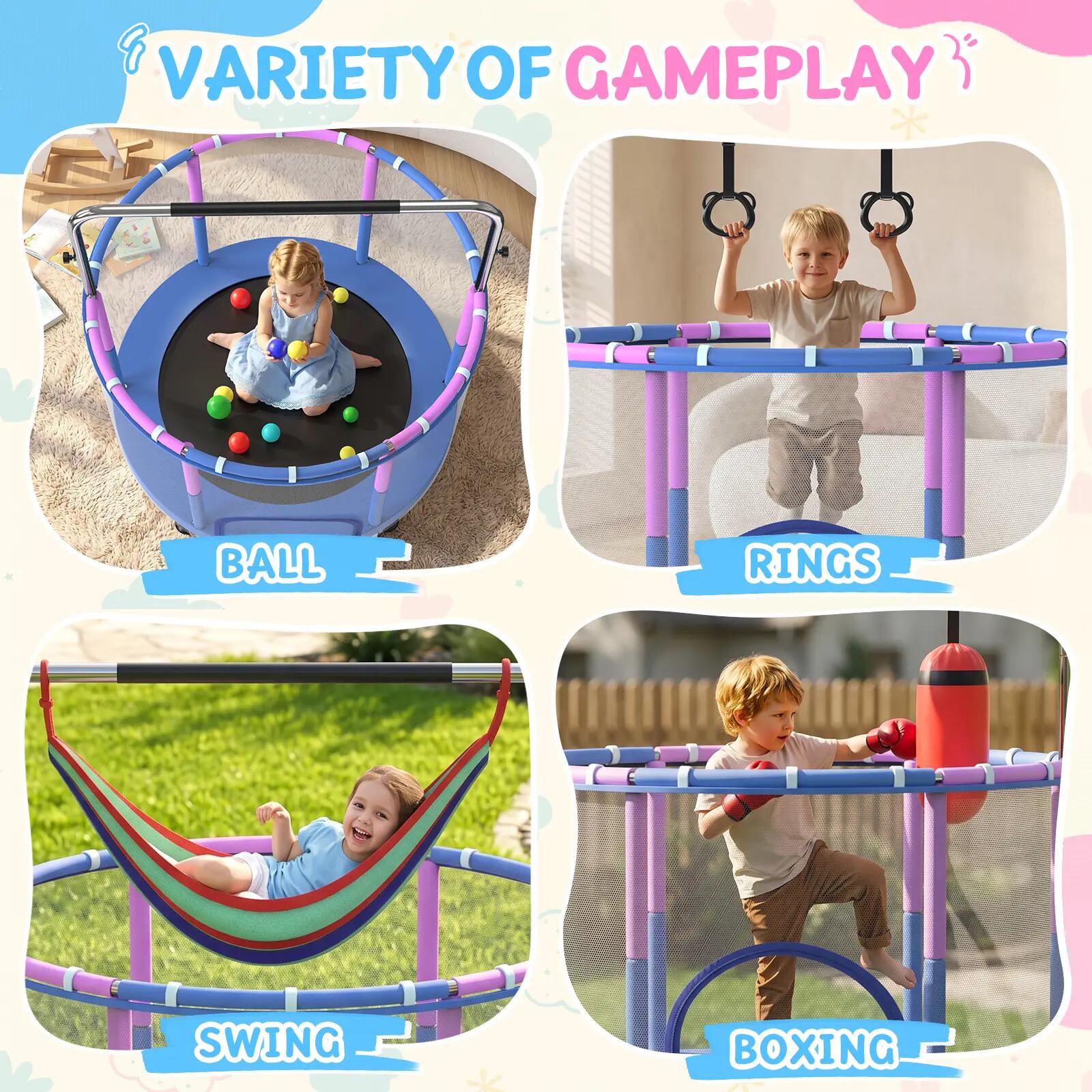 Trampoline Enfant Barre Gymnastique Balançoire Filet Sécurité 1,4 m 3/8