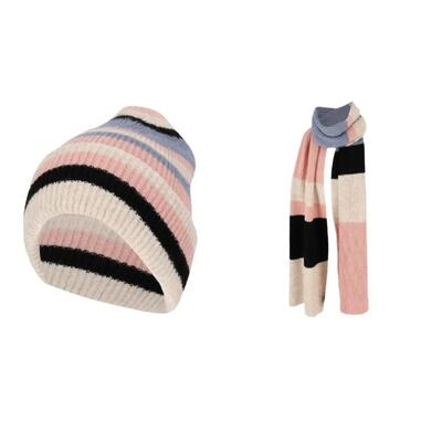 Muts & sjaal dames fashion set stripes antique pink one size