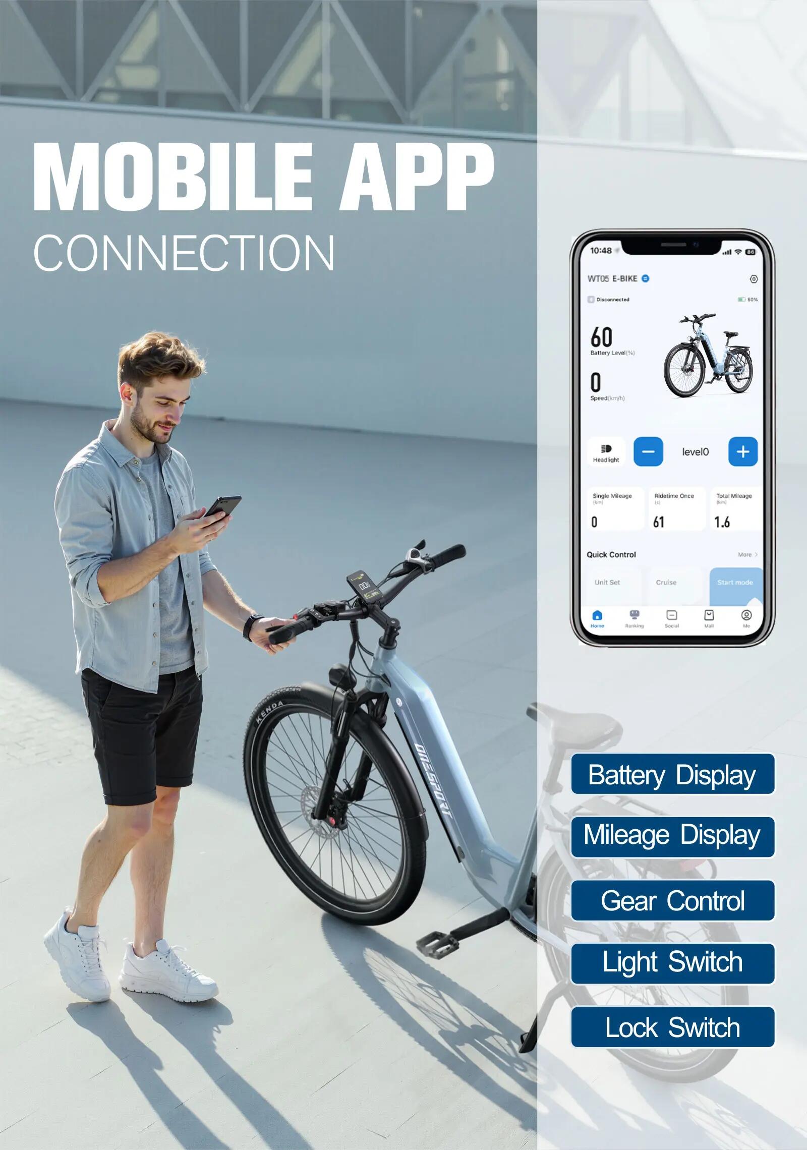 ONESPORTS WT05 Ebike a pedalata assistita, 36V 18.2Ah e APP 6/7