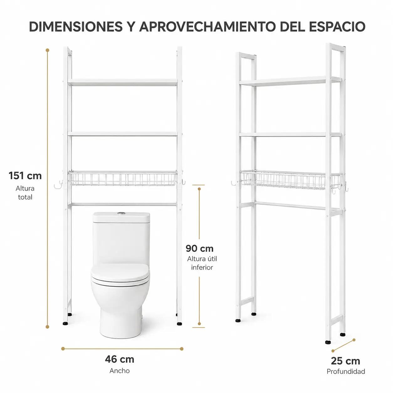 Estantería Sobre Inodoro De 3 Niveles Con Ganchos 6/7