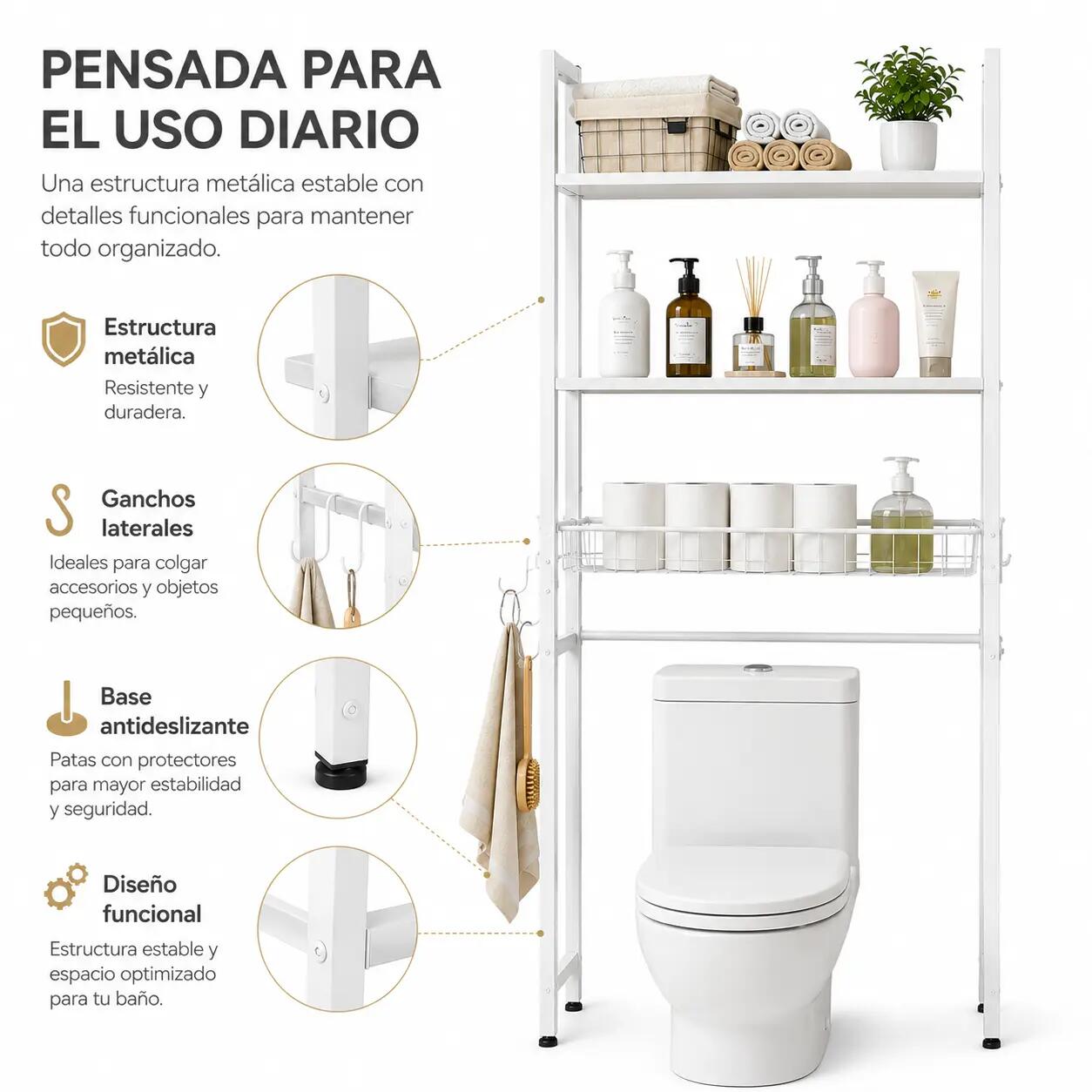 Estantería Sobre Inodoro De 3 Niveles Con Ganchos 5/7