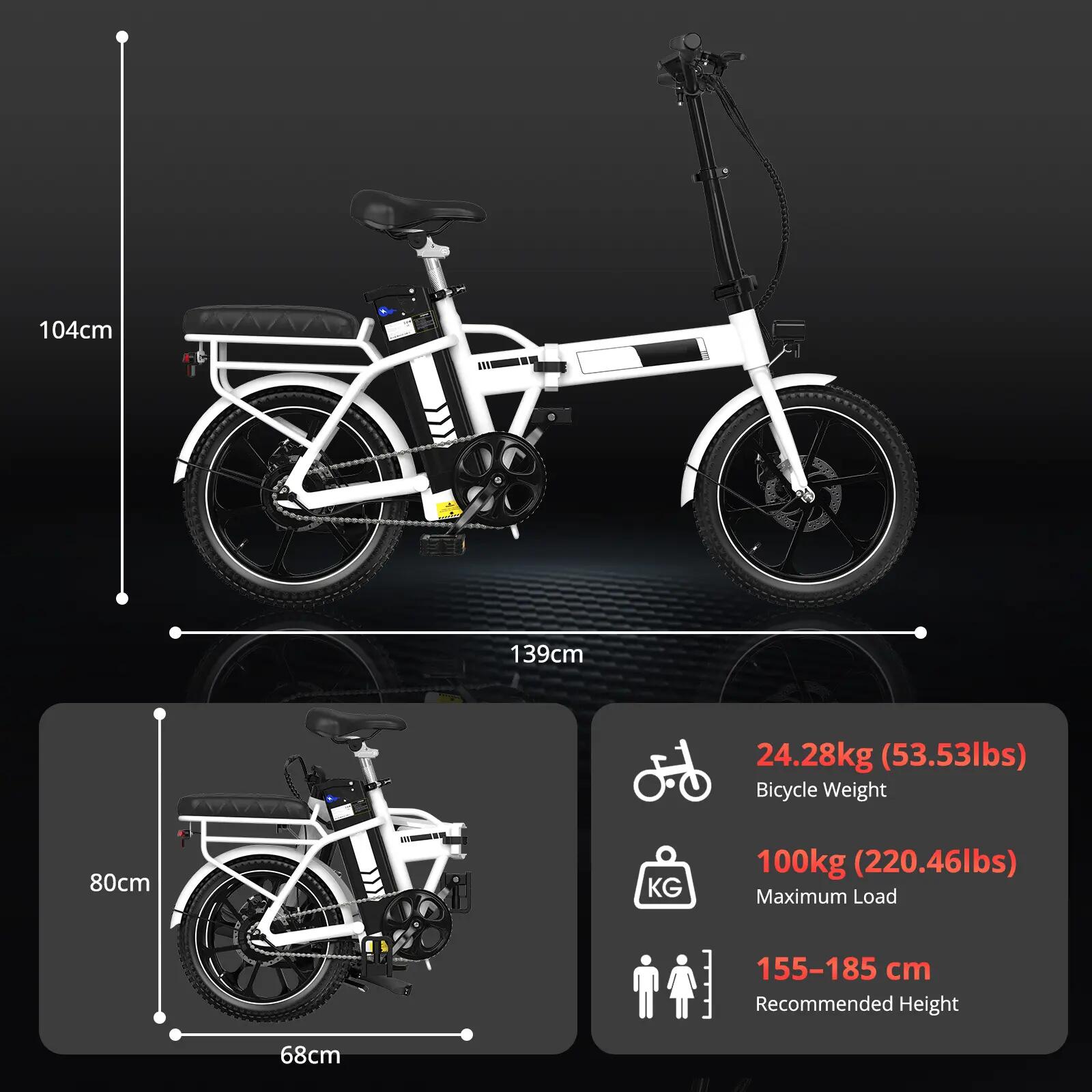 Bicicleta elétrica dobrável 16", 250W, 36V 12Ah, autonomia até 60 km 2/7