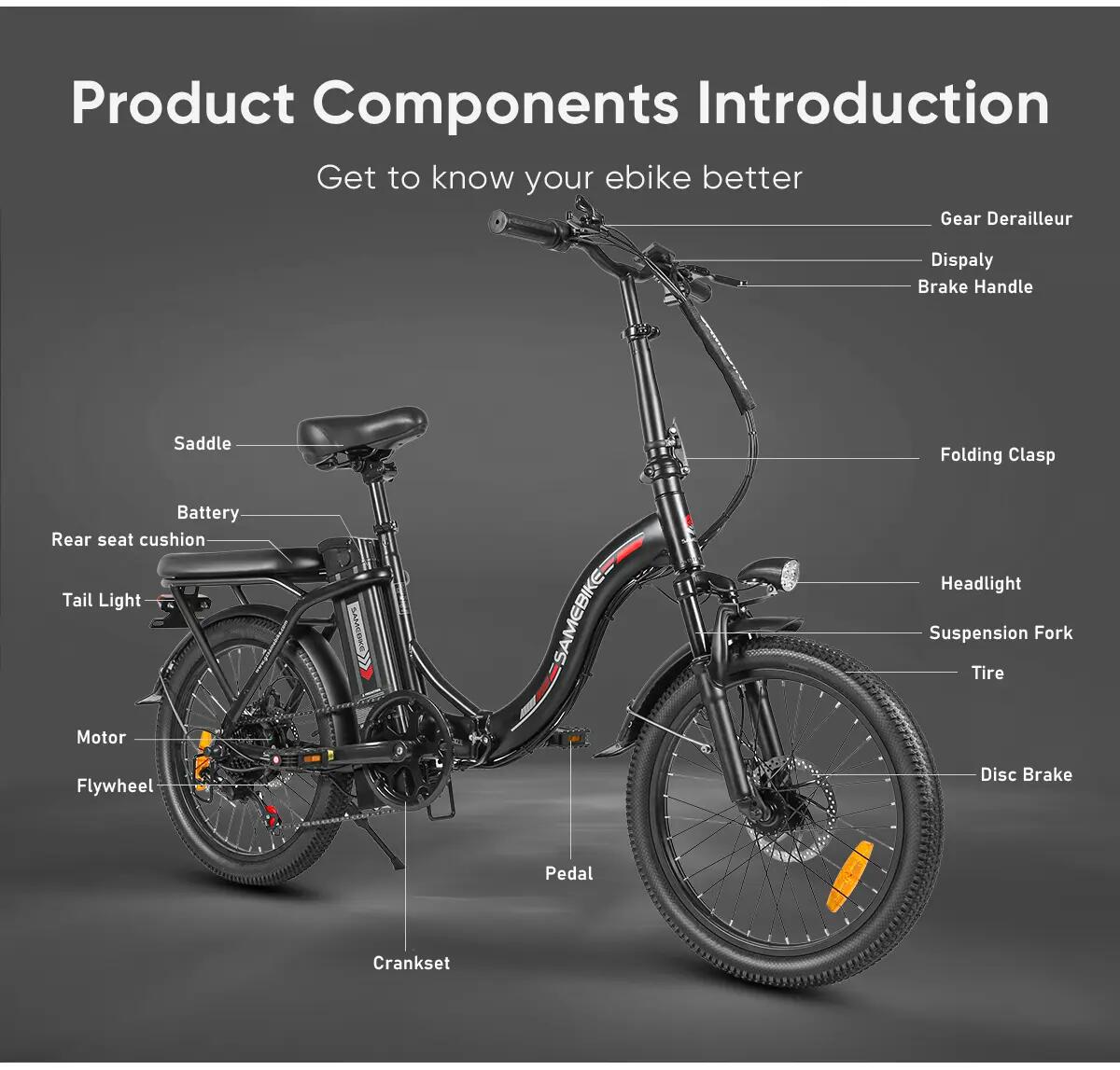 Bicicleta eléctrica plegable adulto SAMEBIKE CY20 36V 12Ah pantalla LCD color 15/15