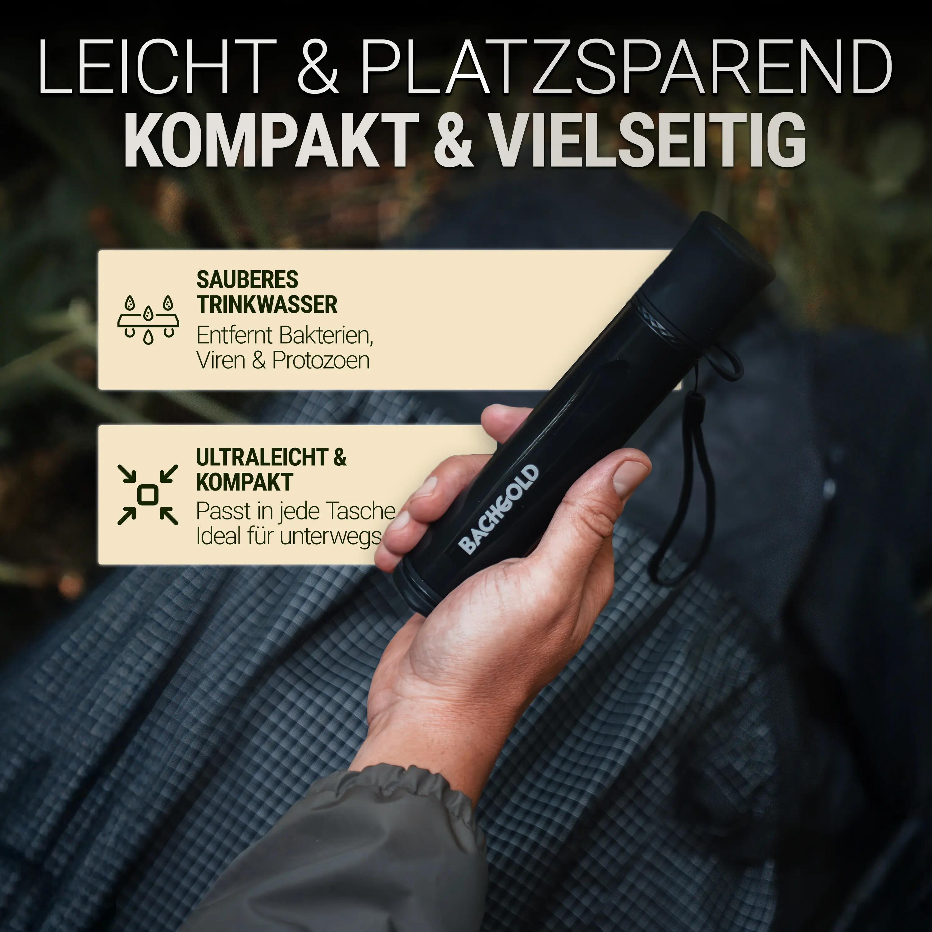 Bachgold Straw Wasserfilter Outdoor mit Virenfilter, Ultraleicht, Schwarz 5/8