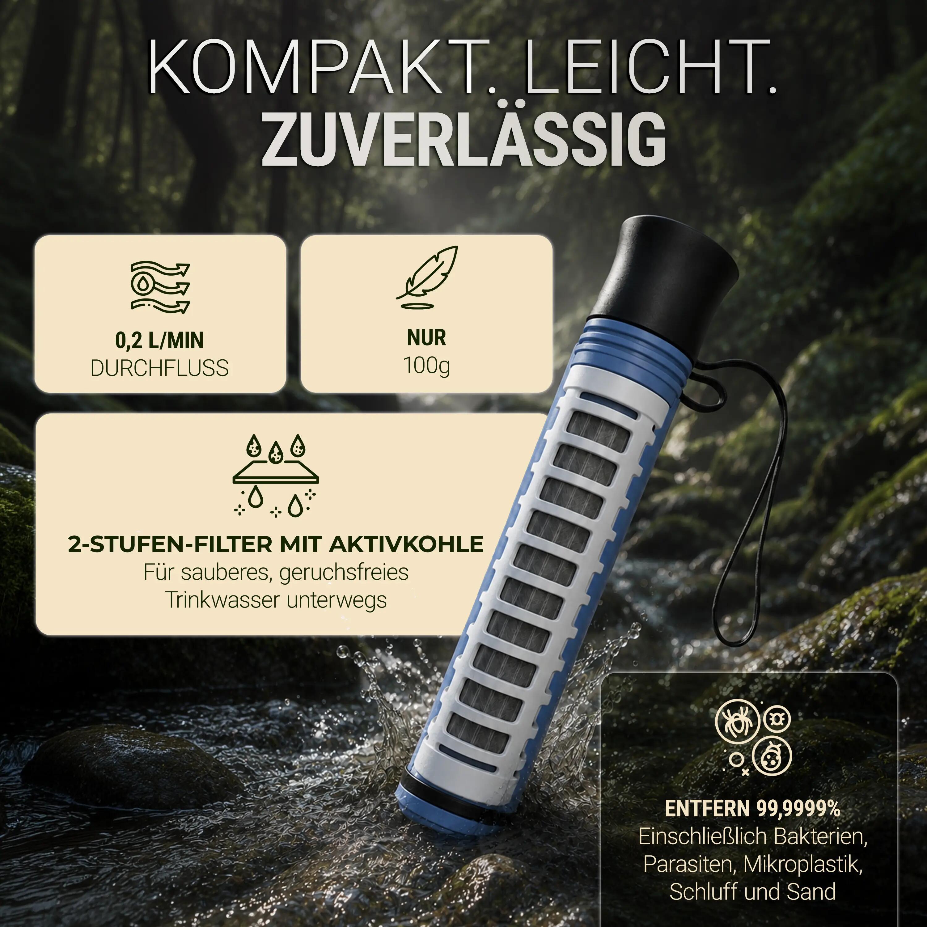 Bachgold Straw Wasserfilter Outdoor mit Virenfilter, Ultraleicht, Schwarz 3/8