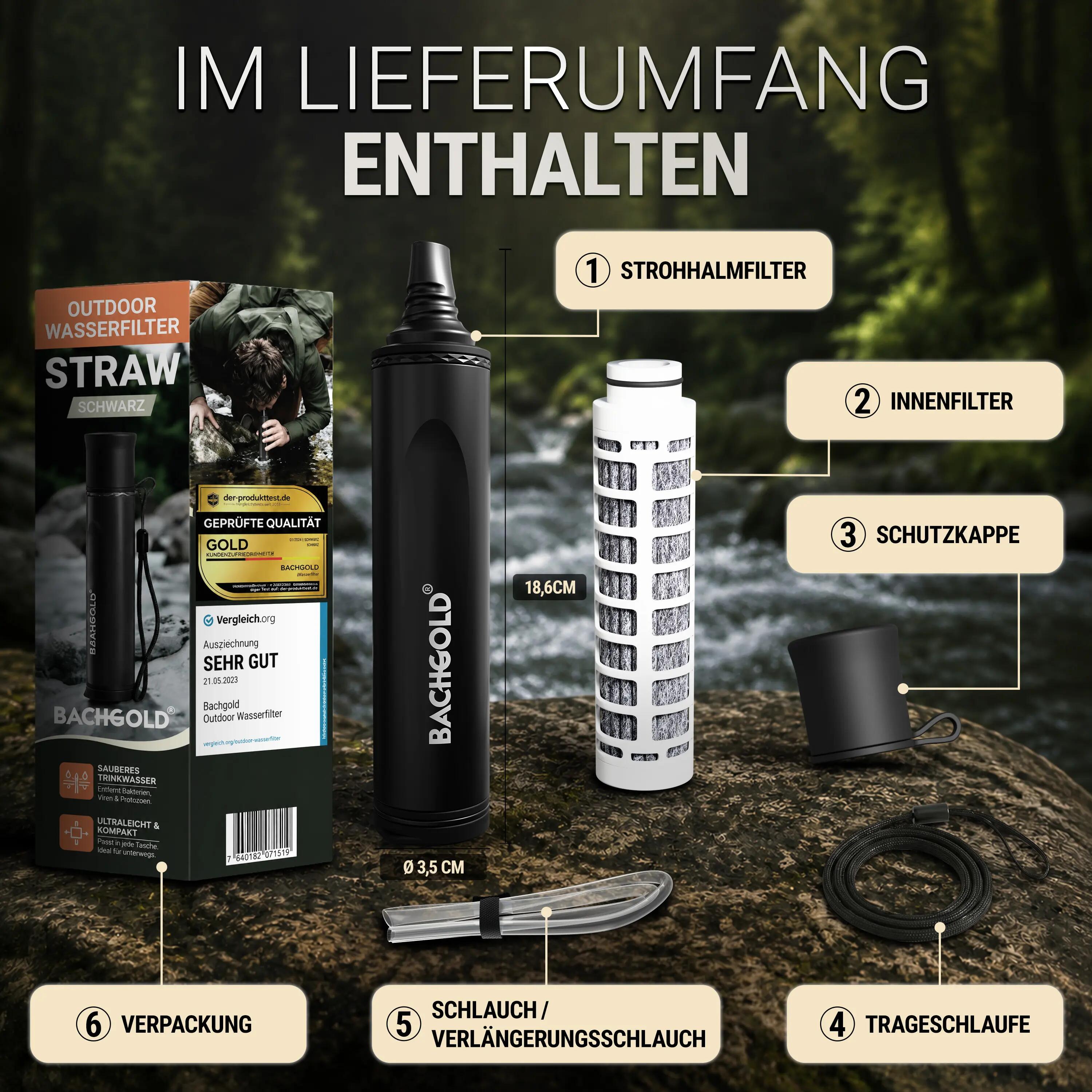 Bachgold Straw Wasserfilter Outdoor mit Virenfilter, Ultraleicht, Schwarz 2/8