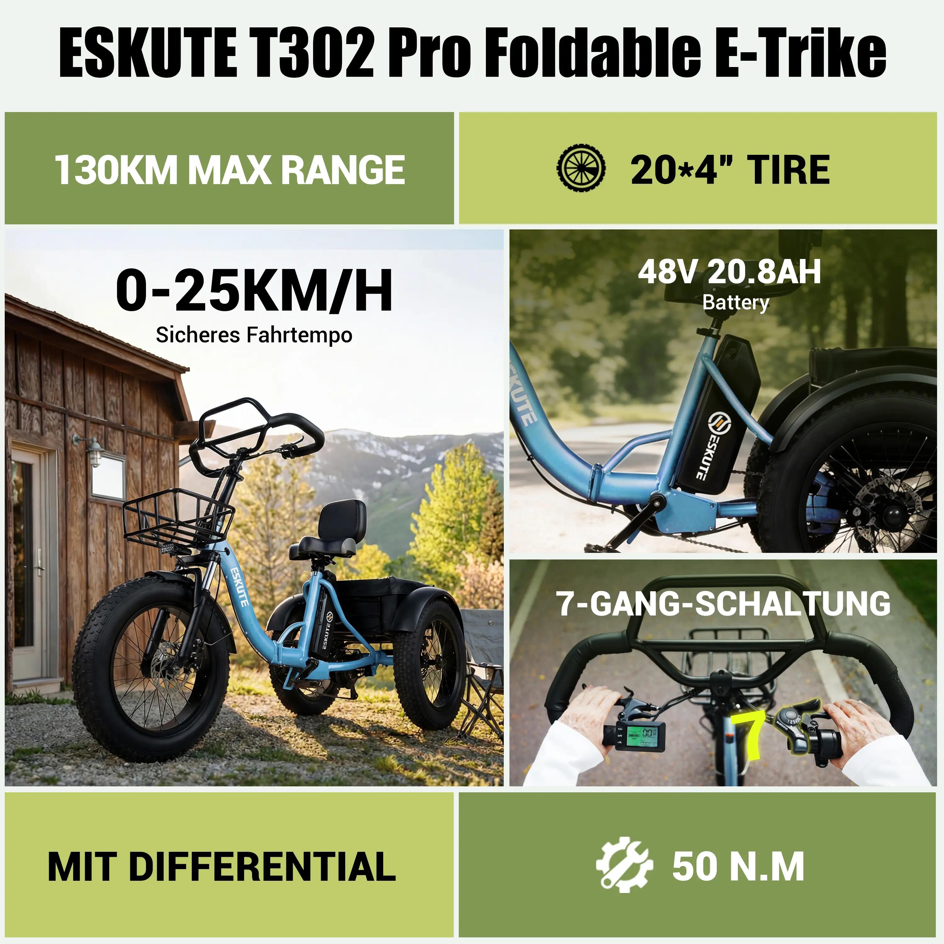 Triciclo elettrico ESKUTE T302Pro｜48V 20.8Ah Li-ion｜20" 3/6