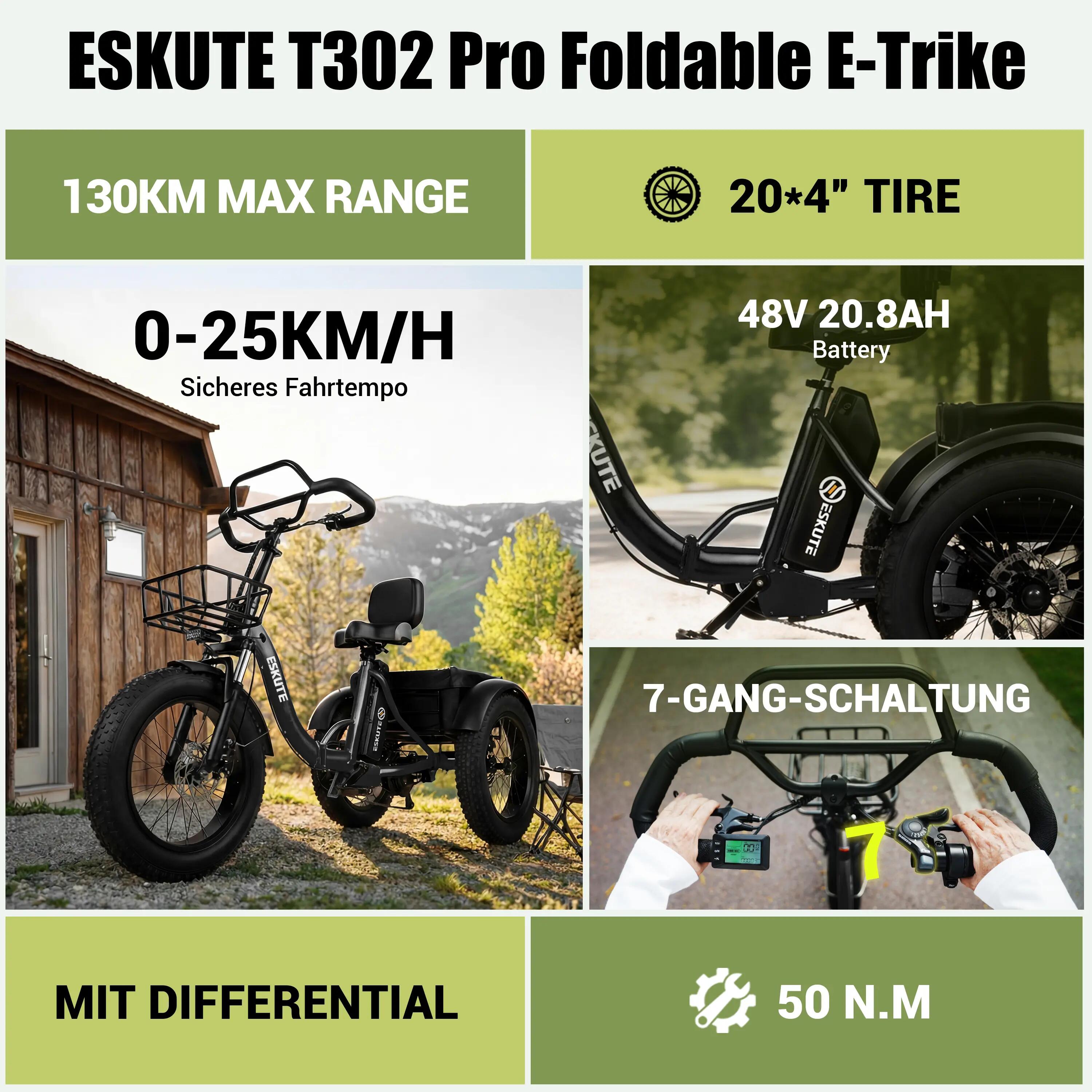 E-Dreirad ESKUTE T302Pro｜48V 20.8Ah Li-Ion｜20" Reifen 3/6