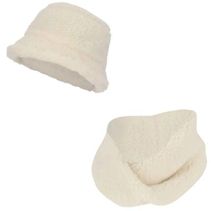 Écharpe et bonnet fille en laine teddy écru taille unique 2 à 4 ans