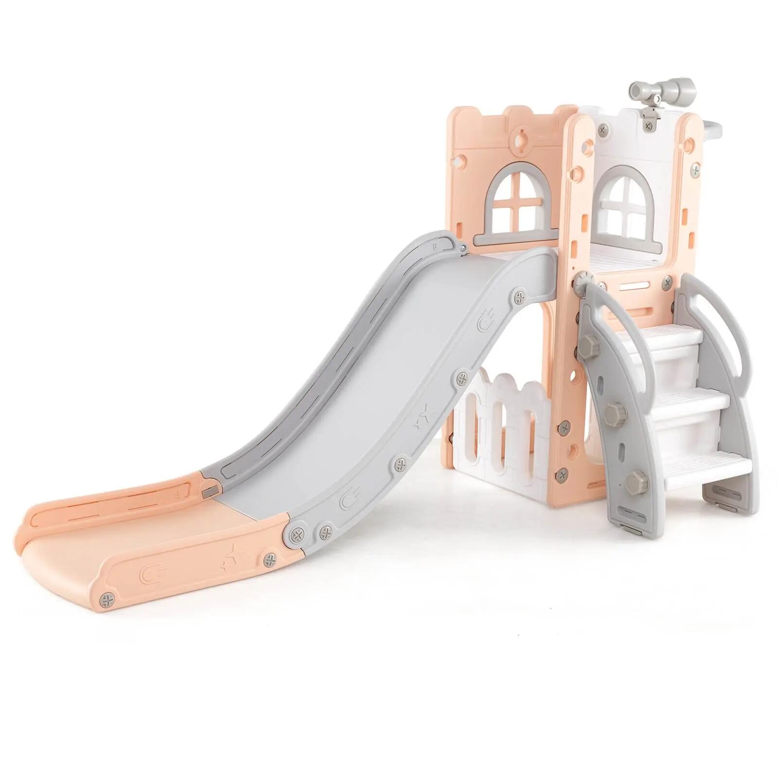 6 in 1 L-shaped Toddler Slide Playset w/Basketball Hoop & Telescope 69x145x85