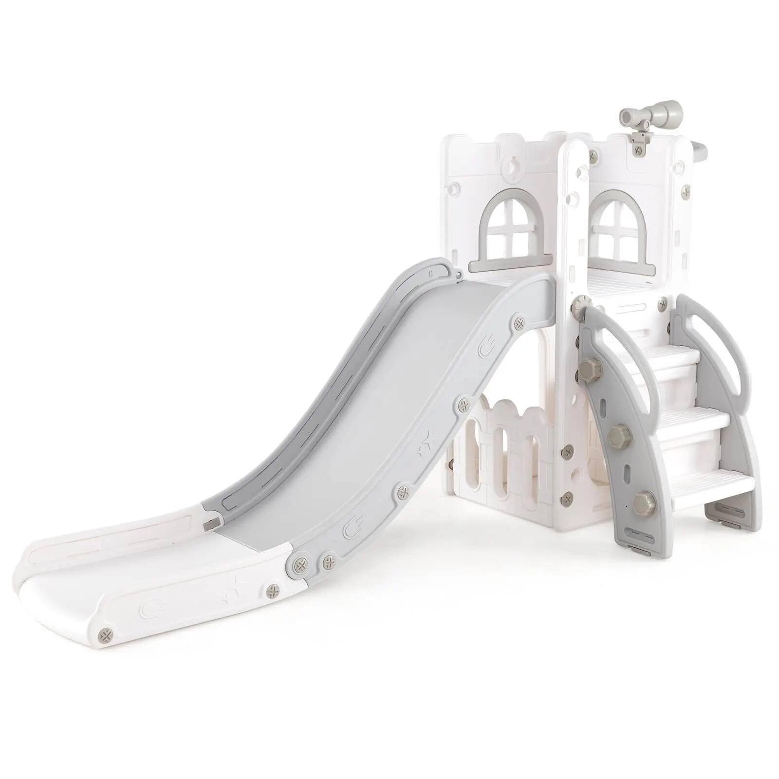 6 in 1 L-shaped Toddler Slide Playset w/Basketball Hoop & Telescope 69x145x85