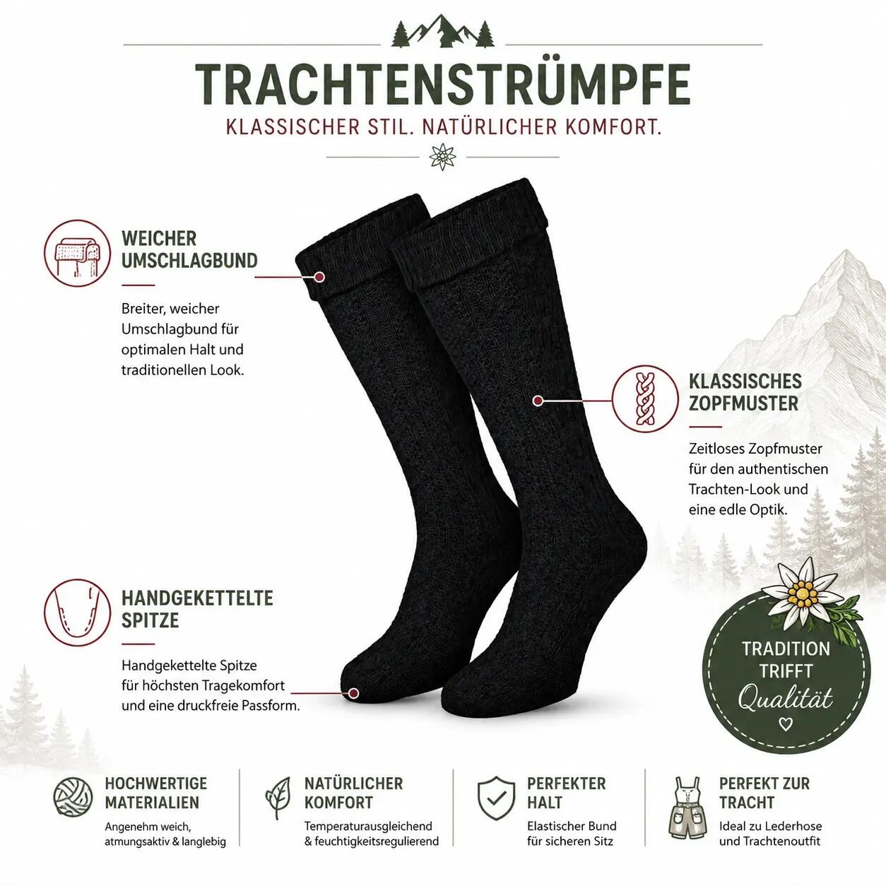 Kniestrümpfe | Trachtenstil | Damen & Herren | Schwarz 3/8