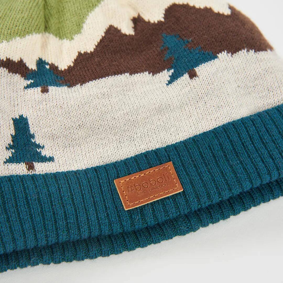 Gorro verde estampado montaña con pompón 2/3
