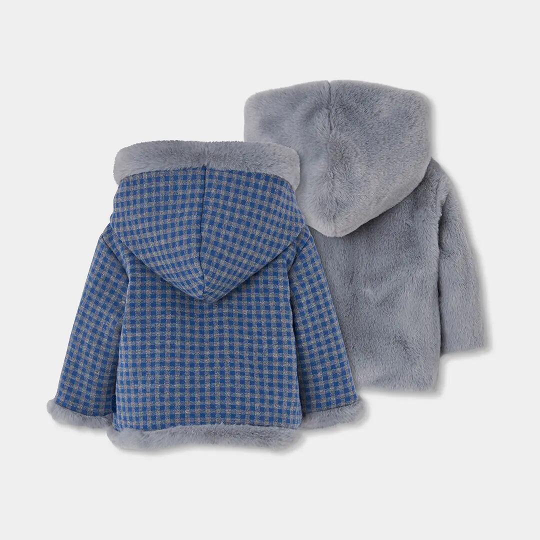 Chaqueta felpa bebé reversible cuadros azul gris 2/7