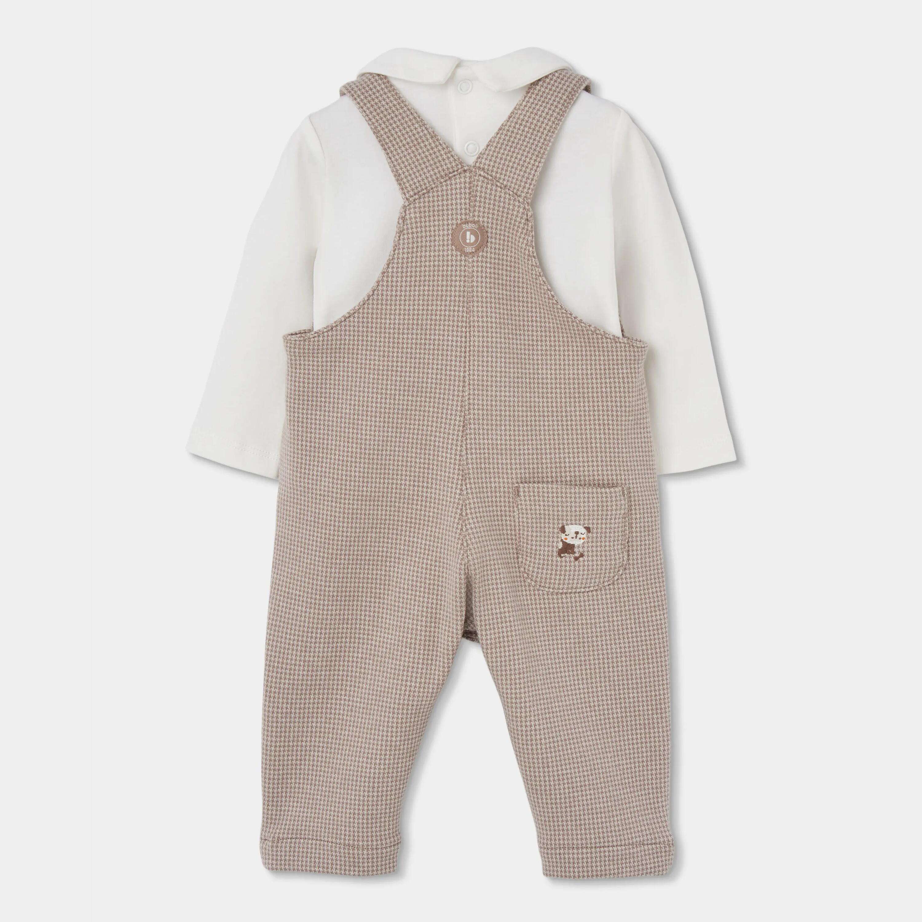 Conjunto punto bebé niño cuadros beige bordado perrito 2/7