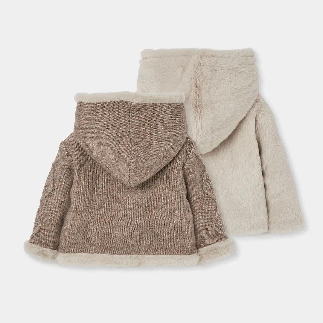Chaqueta punto reversible bebé beige con capucha 2/7