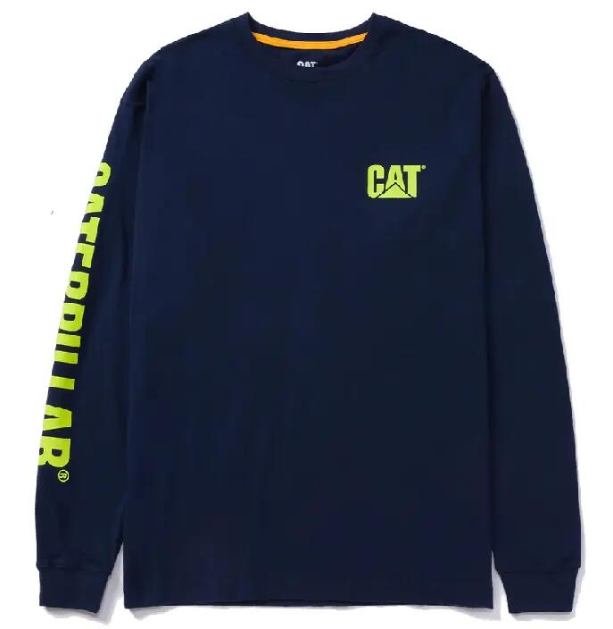 Caterpillar CAT Trademark Banner T-Shirt Uomo Manica Lunga Blu L 1/1