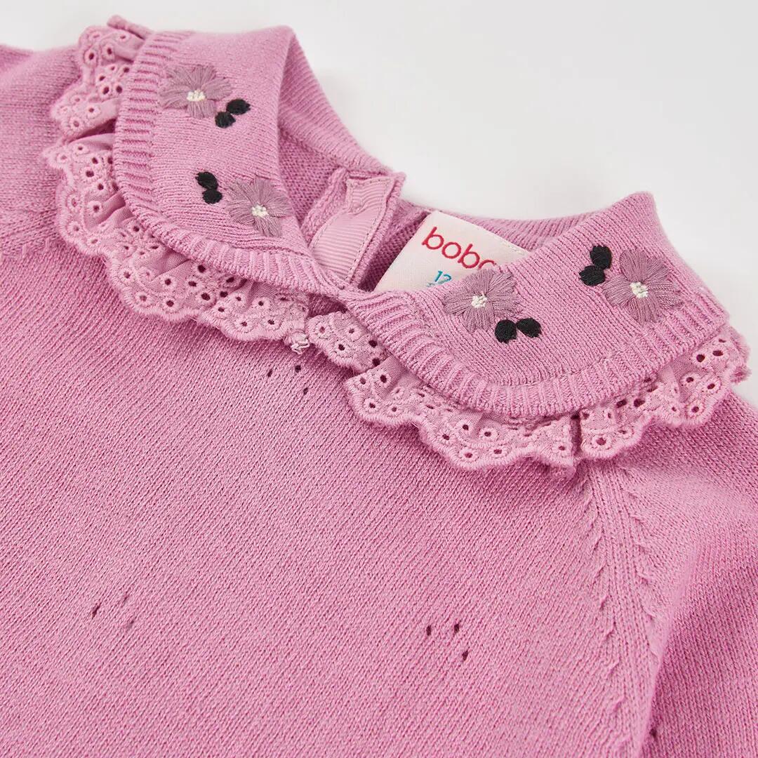Jersey niña rosa con cuello bordado de flores 3/4