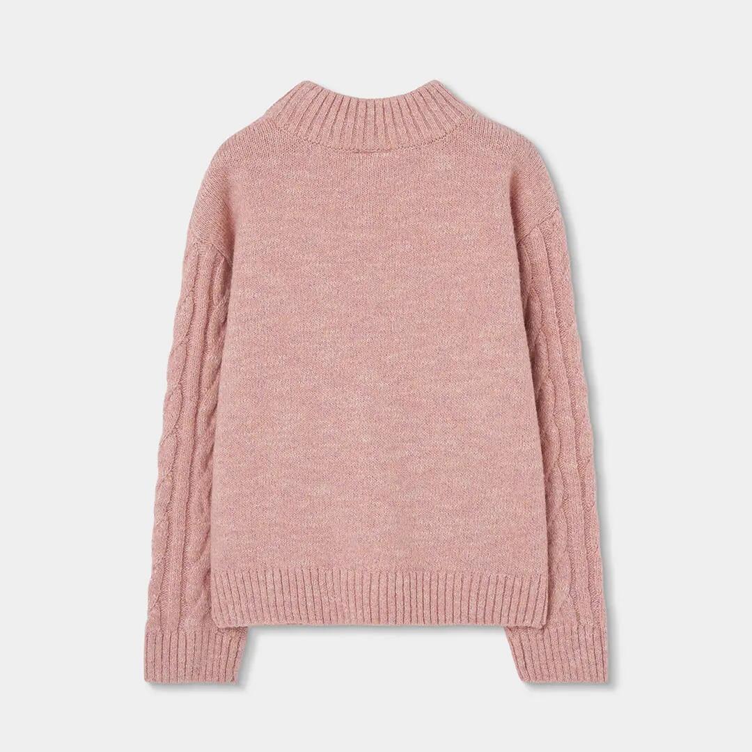Jersey niña rosa trenzado cuello alto 2/4