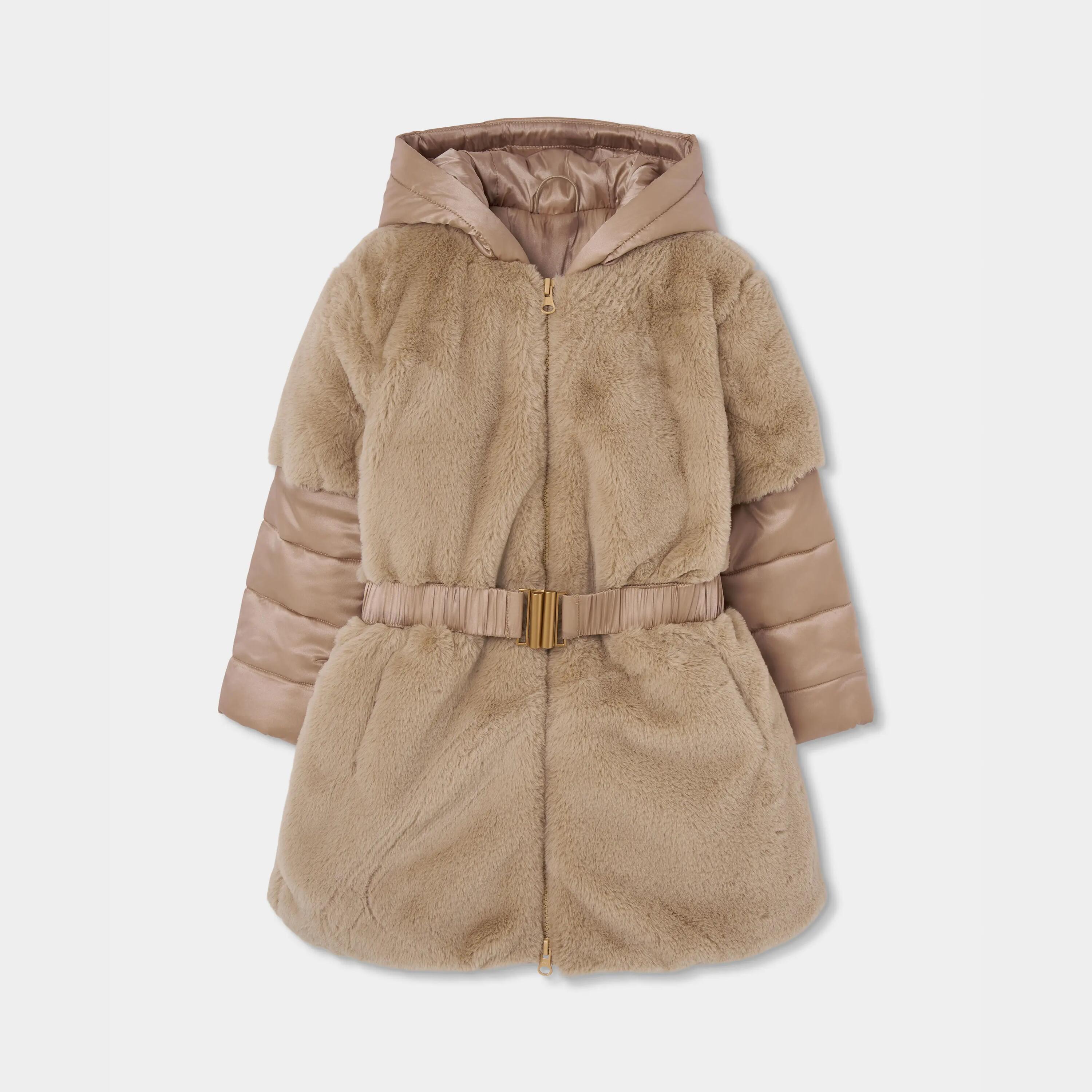 Parka tejido técnico niña amarillo con cinturón 1/4